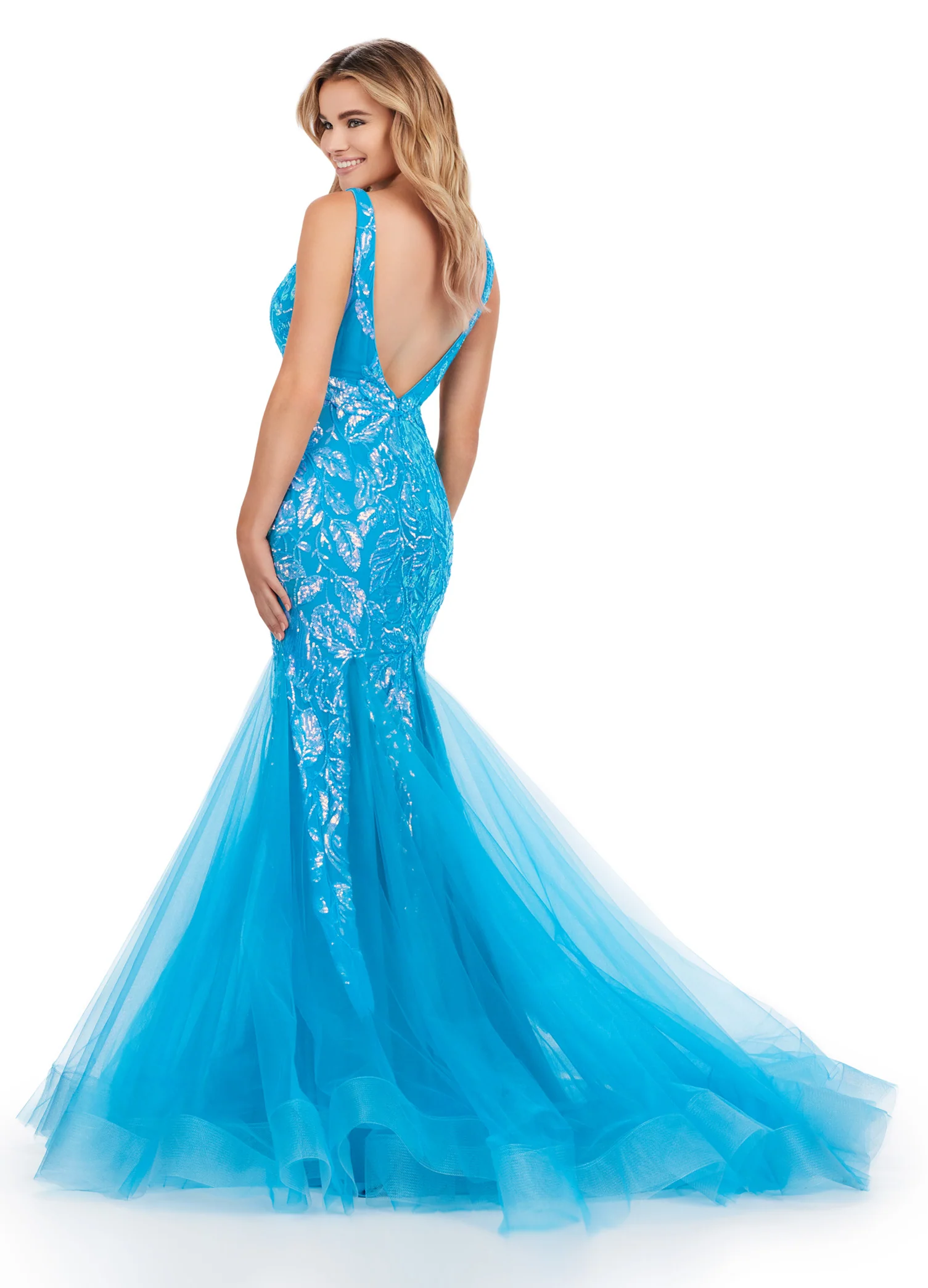 Ashley Lauren 11472 Long Prom Dress V-Neck Stretch Sequin Gown Pleated Tulle Mermaid Skirt Formal Pageant - Image 8