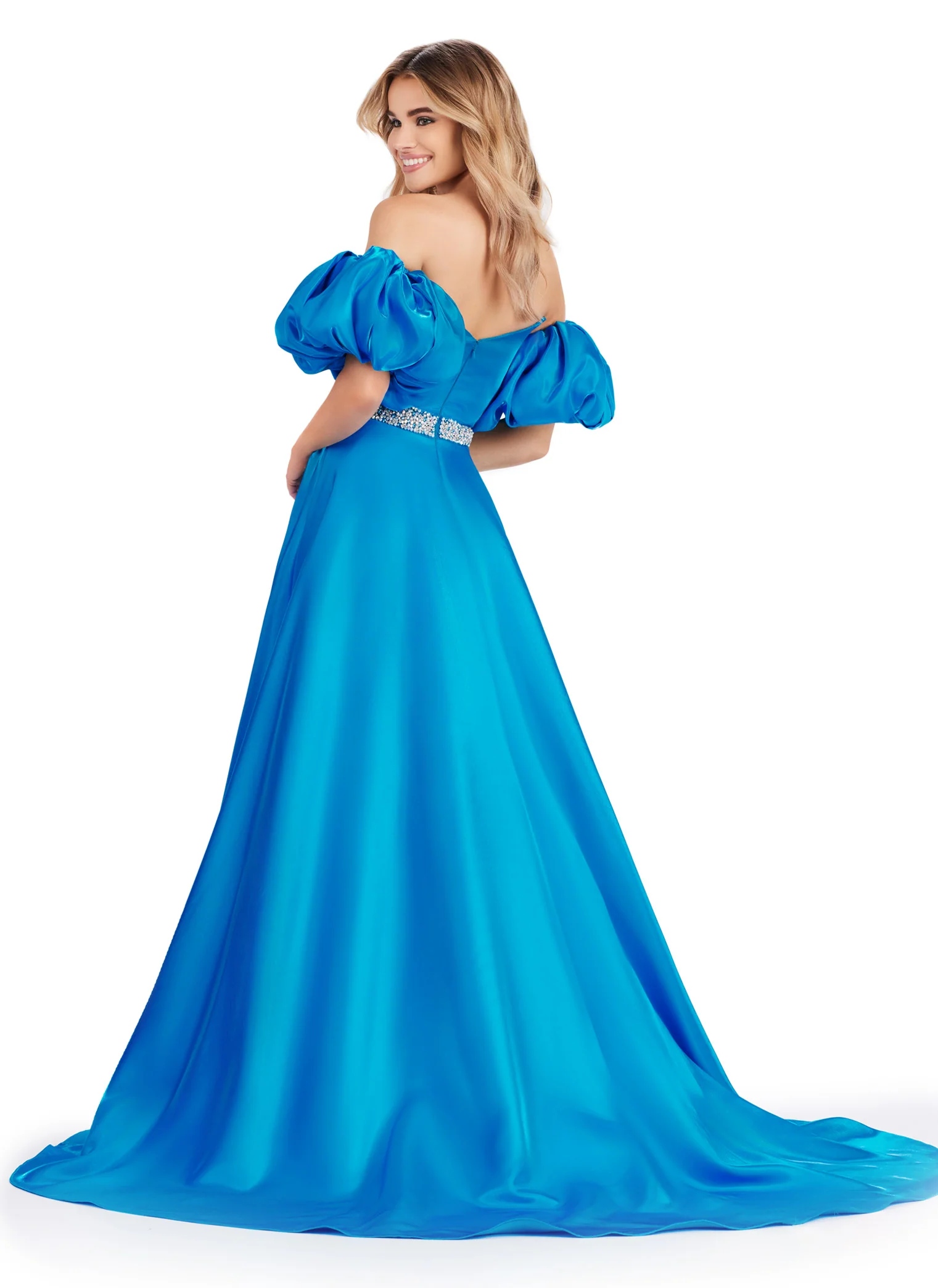 Ashley Lauren 11474 Long Prom Dress Strapless Satin Ball Gown Beaded Belt Detachable Puff Sleeves Formal Pageant - Image 10