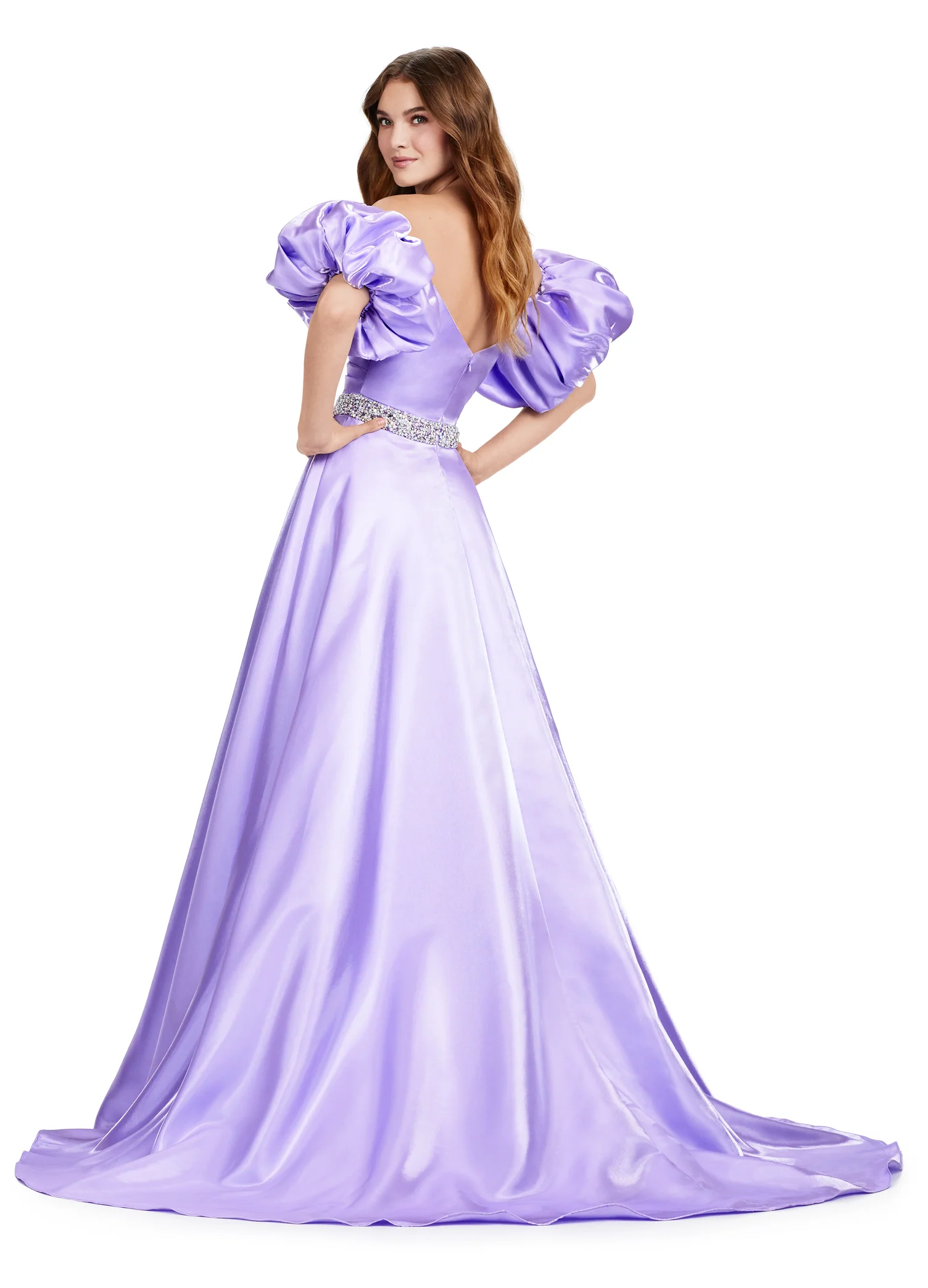 Ashley Lauren 11474 Long Prom Dress Strapless Satin Ball Gown Beaded Belt Detachable Puff Sleeves Formal Pageant - Image 11
