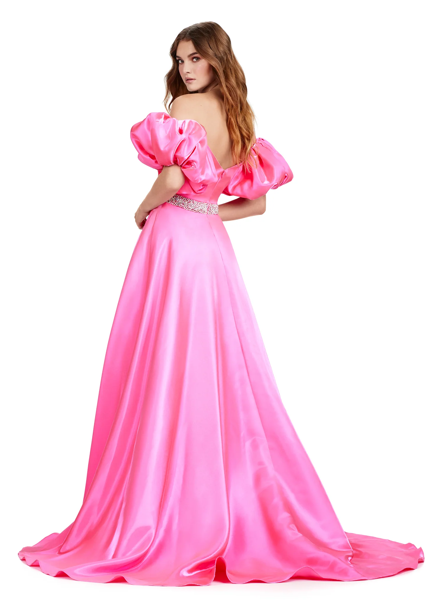Ashley Lauren 11474 Long Prom Dress Strapless Satin Ball Gown Beaded Belt Detachable Puff Sleeves Formal Pageant - Image 12