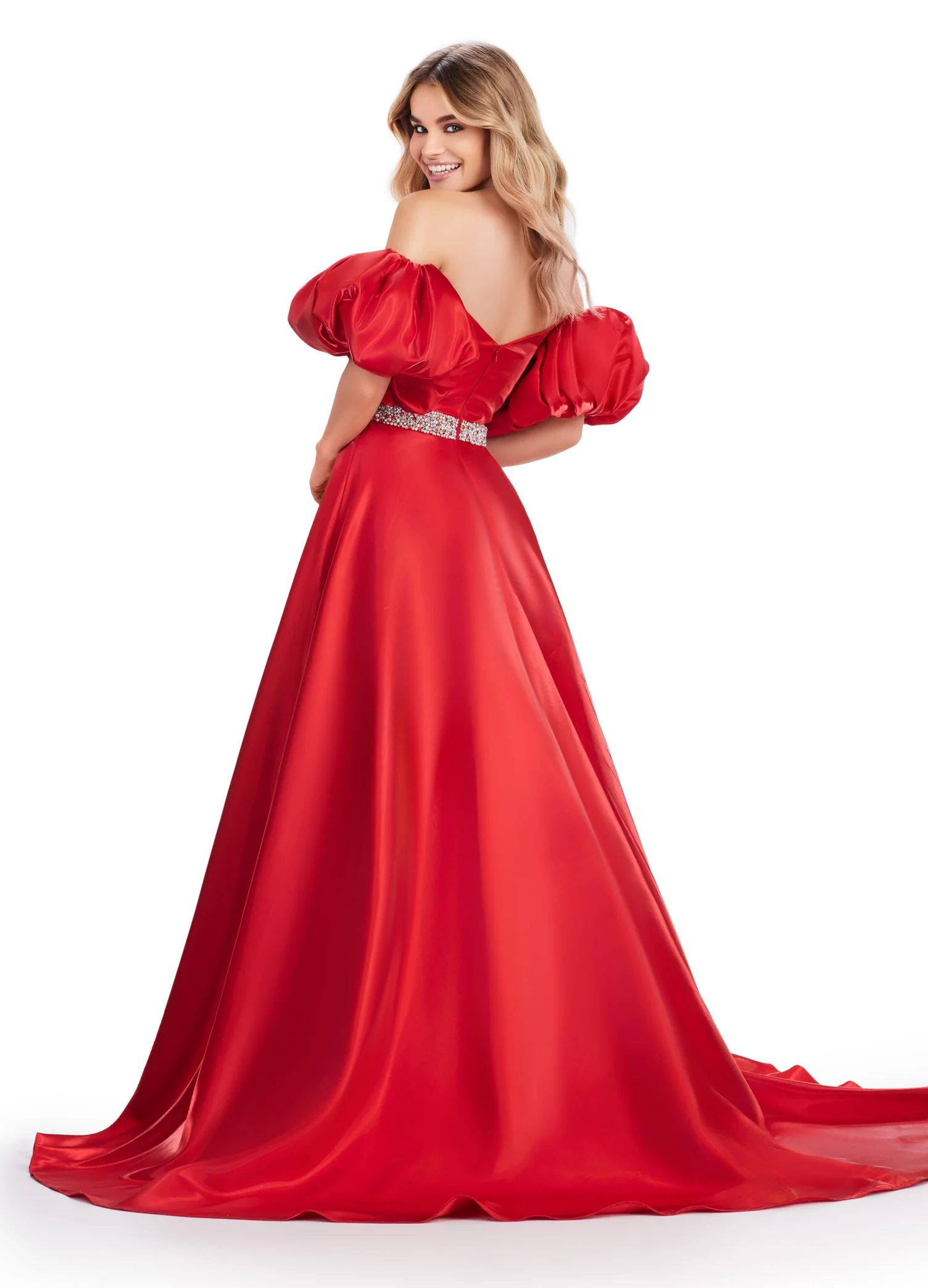 Ashley Lauren 11474 Long Prom Dress Strapless Satin Ball Gown Beaded Belt Detachable Puff Sleeves Formal Pageant - Image 13