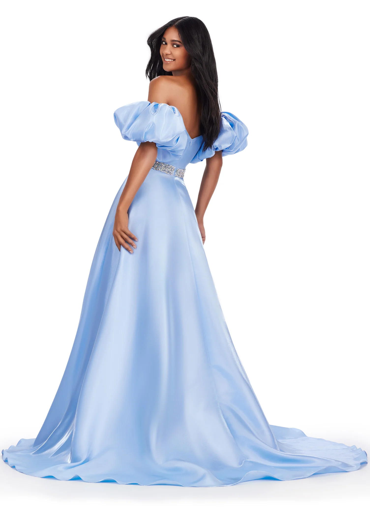 Ashley Lauren 11474 Long Prom Dress Strapless Satin Ball Gown Beaded Belt Detachable Puff Sleeves Formal Pageant - Image 14