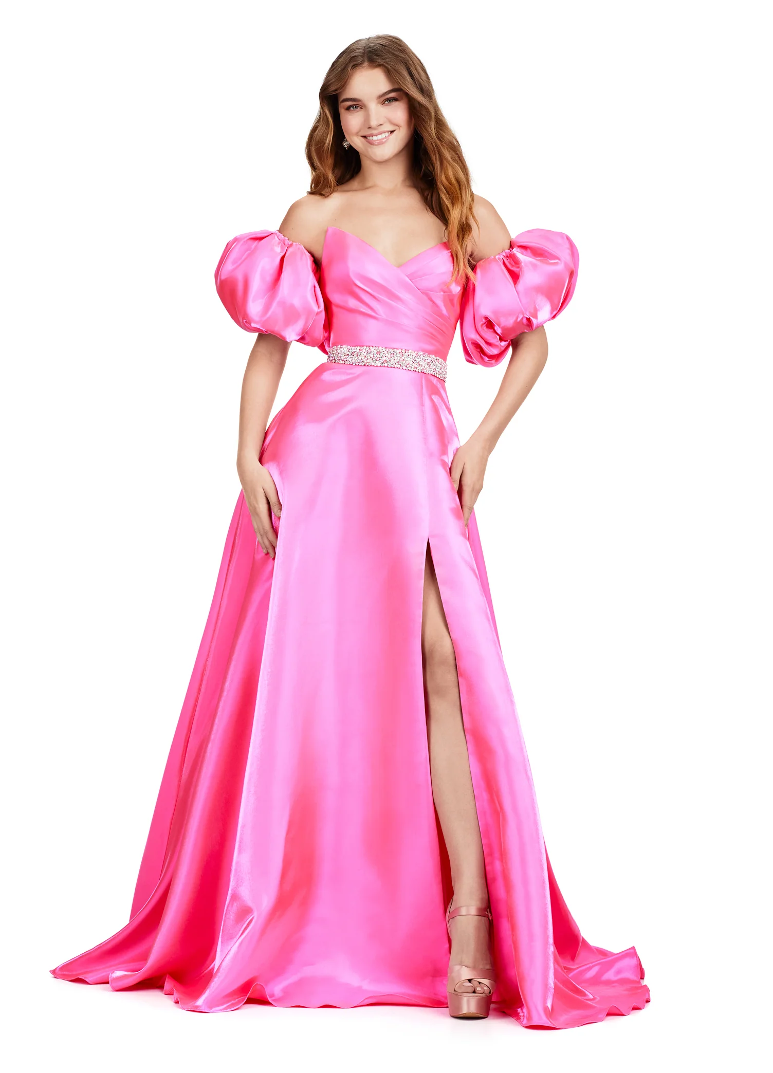 Ashley Lauren 11474 Long Prom Dress Strapless Satin Ball Gown Beaded Belt Detachable Puff Sleeves Formal Pageant - Image 2