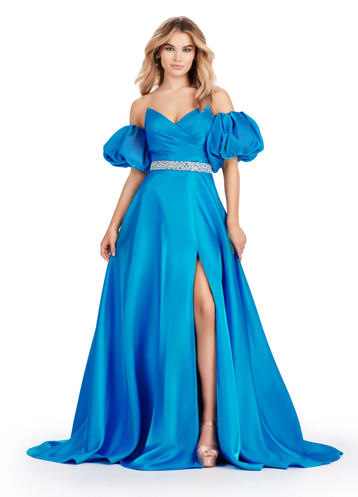 Ashley Lauren 11474 Long Prom Dress Strapless Satin Ball Gown Beaded Belt Detachable Puff Sleeves Formal Pageant - Image 3