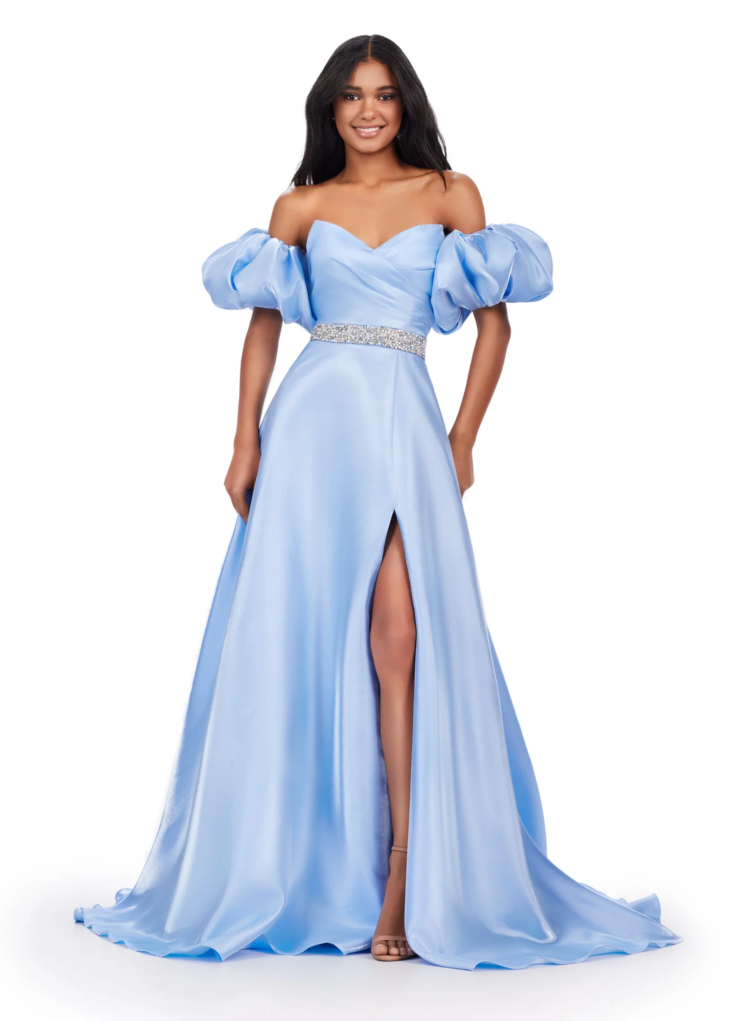 Ashley Lauren 11474 Long Prom Dress Strapless Satin Ball Gown Beaded Belt Detachable Puff Sleeves Formal Pageant - Image 4