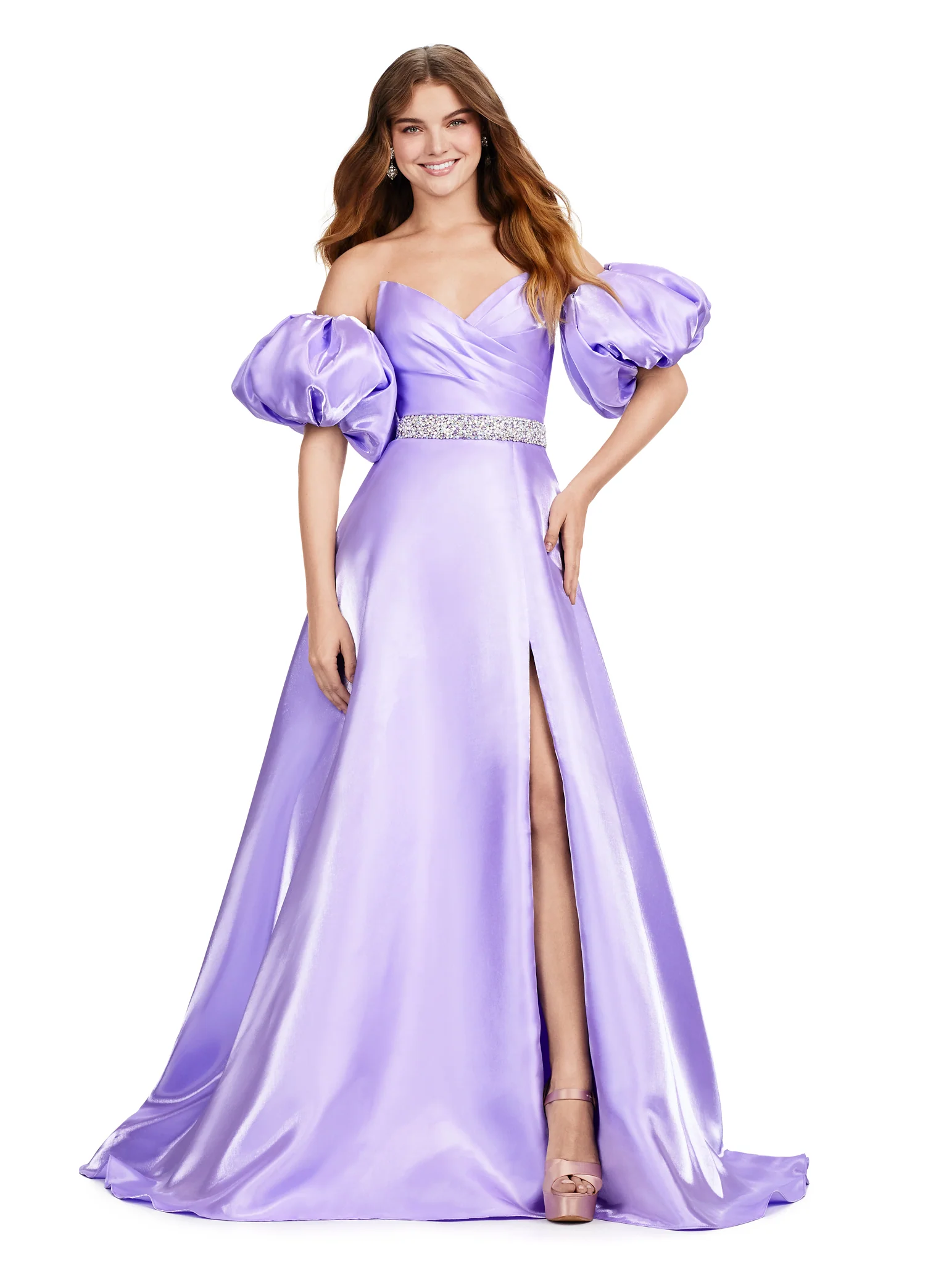 Ashley Lauren 11474 Long Prom Dress Strapless Satin Ball Gown Beaded Belt Detachable Puff Sleeves Formal Pageant - Image 5