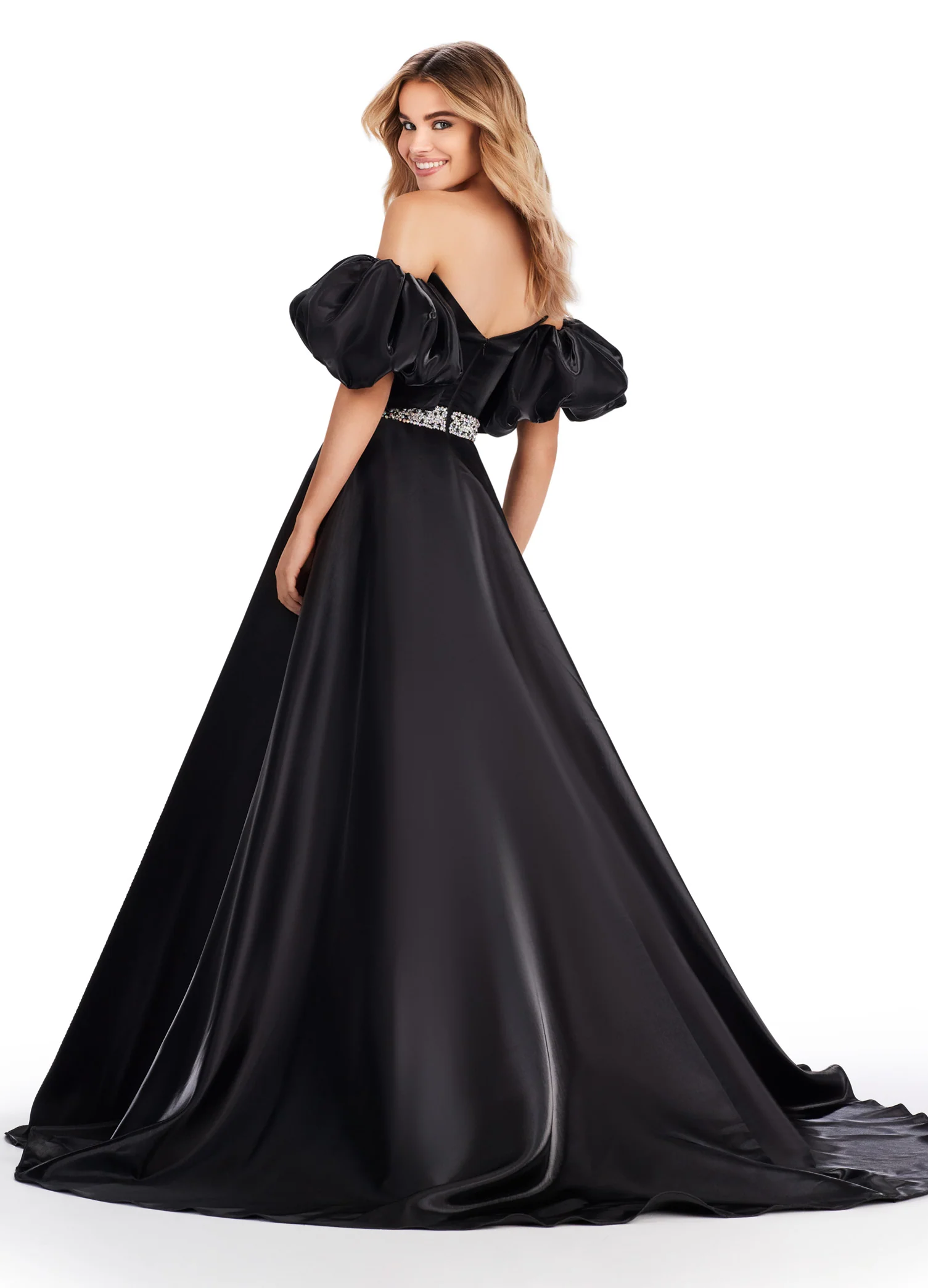 Ashley Lauren 11474 Long Prom Dress Strapless Satin Ball Gown Beaded Belt Detachable Puff Sleeves Formal Pageant - Image 7