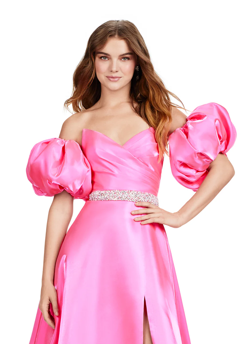 Ashley Lauren 11474 Long Prom Dress Strapless Satin Ball Gown Beaded Belt Detachable Puff Sleeves Formal Pageant - Image 8