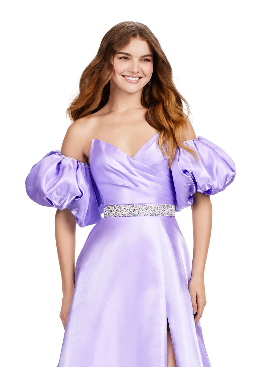 Ashley Lauren 11474 Long Prom Dress Strapless Satin Ball Gown Beaded Belt Detachable Puff Sleeves Formal Pageant - Image 9