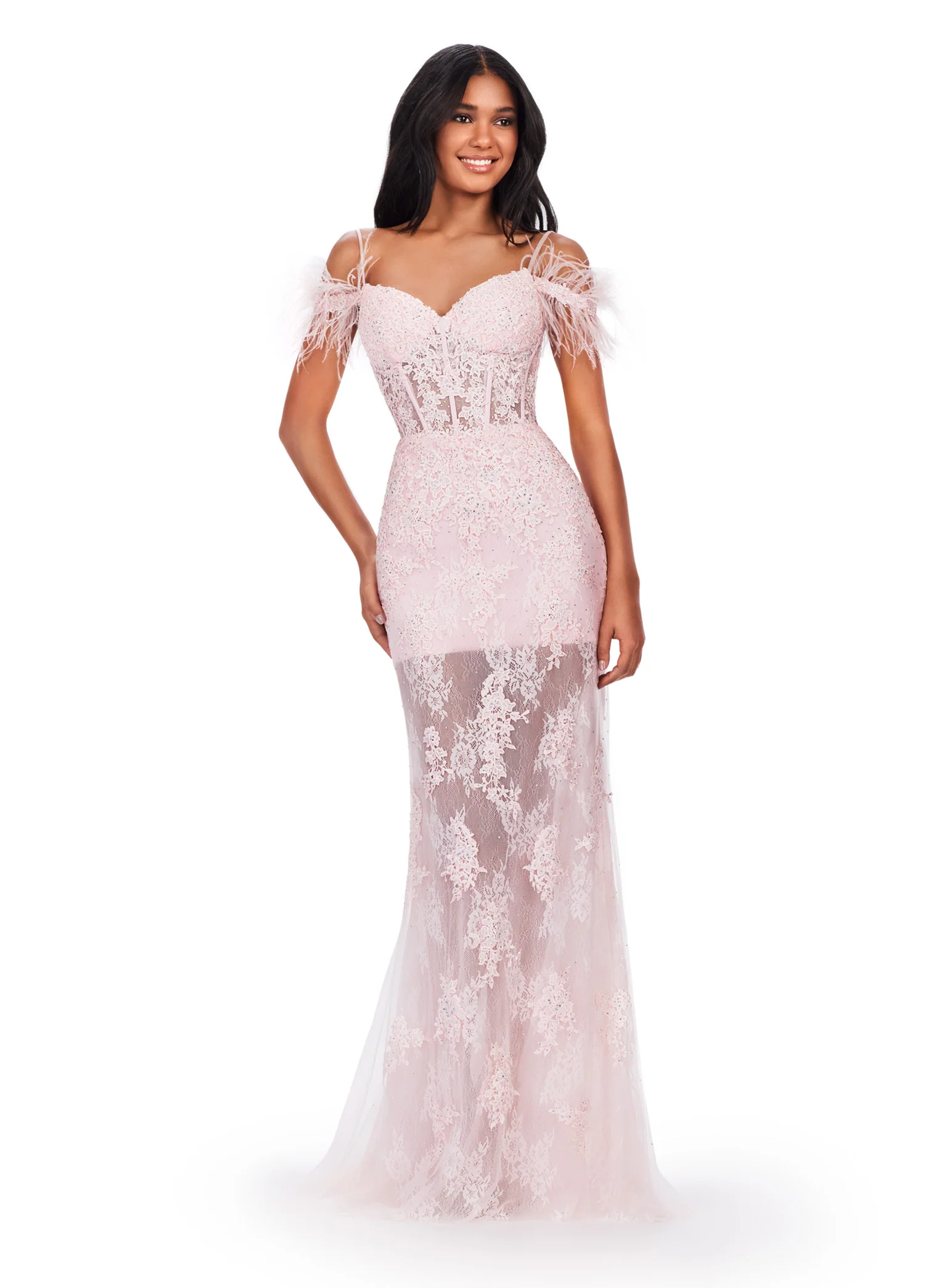 Ashley Lauren 11481 Long Prom Dress Fitted Corset Embroidered Gown Off Shoulder Feather Sleeves Formal Pageant Gown - Image 2