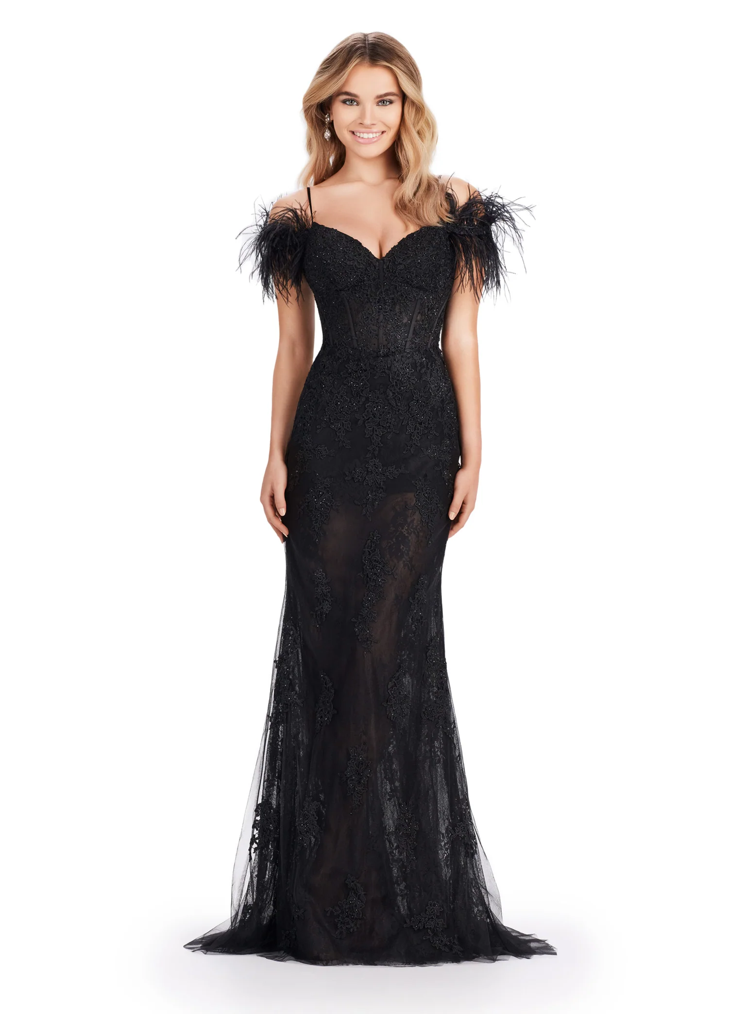 Ashley Lauren 11481 Long Prom Dress Fitted Corset Embroidered Gown Off Shoulder Feather Sleeves Formal Pageant Gown - Image 3
