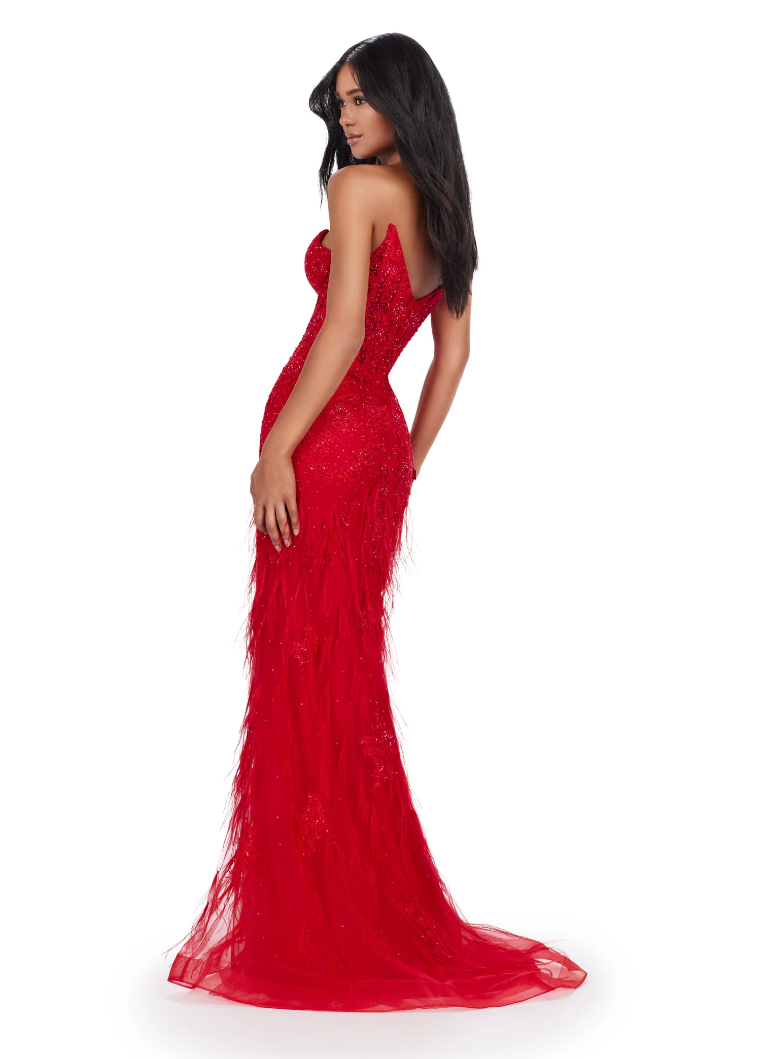 Ashley Lauren 11483 Strapless Prom Dress Lace Corset Feathers - Image 4