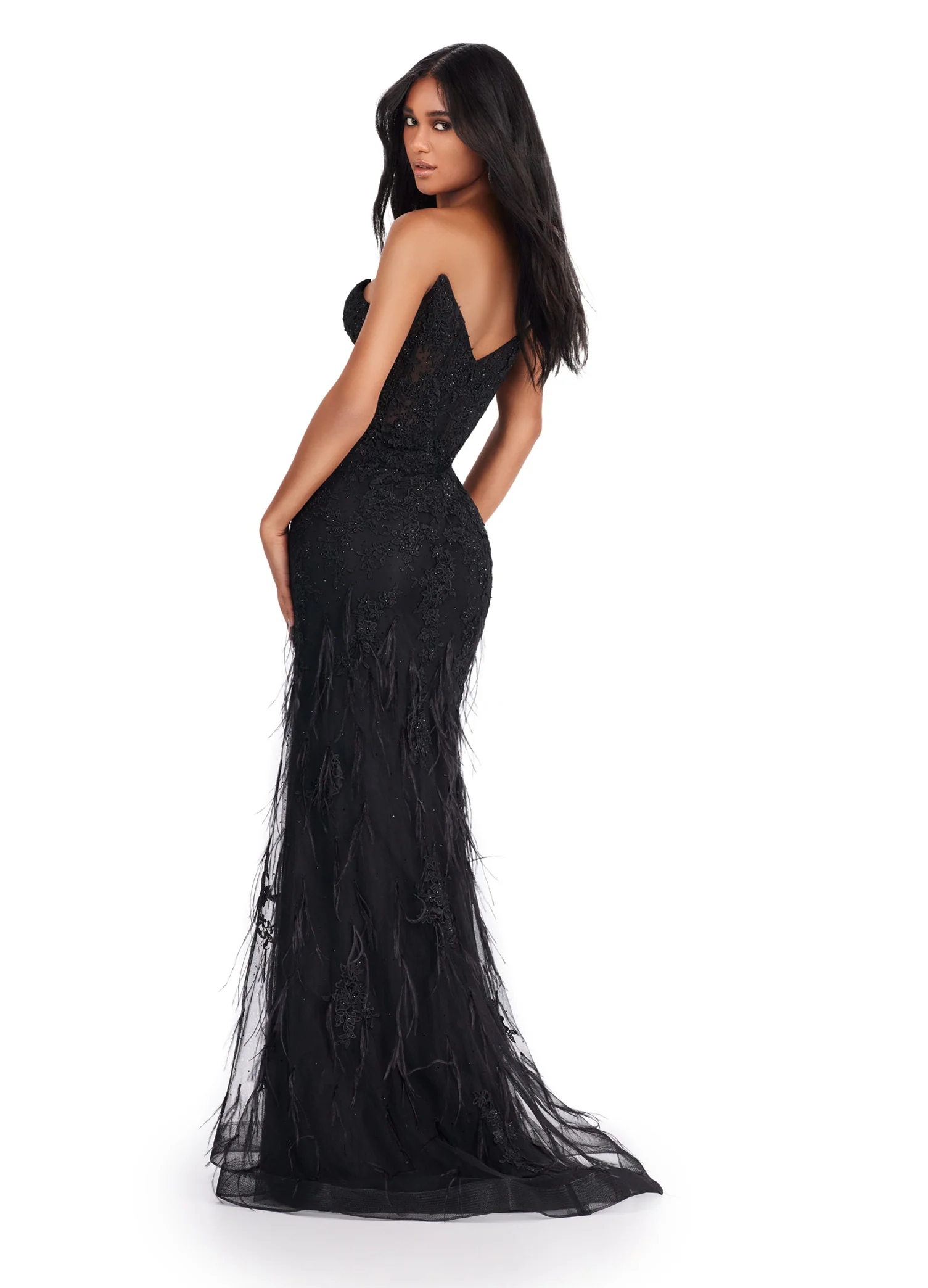 Ashley Lauren 11483 Strapless Prom Dress Lace Corset Feathers - Image 5