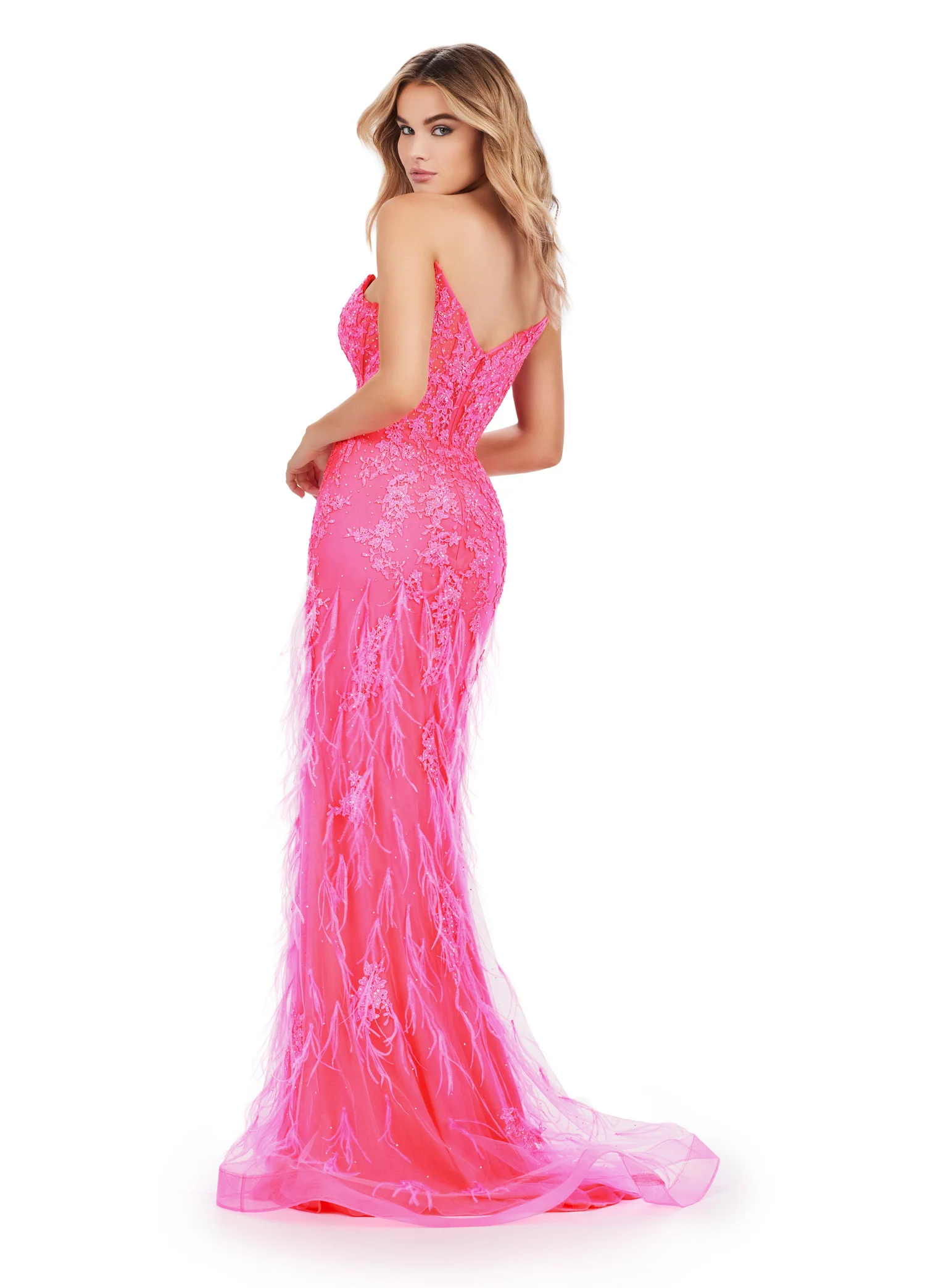 Ashley Lauren 11483 Strapless Prom Dress Lace Corset Feathers - Image 6