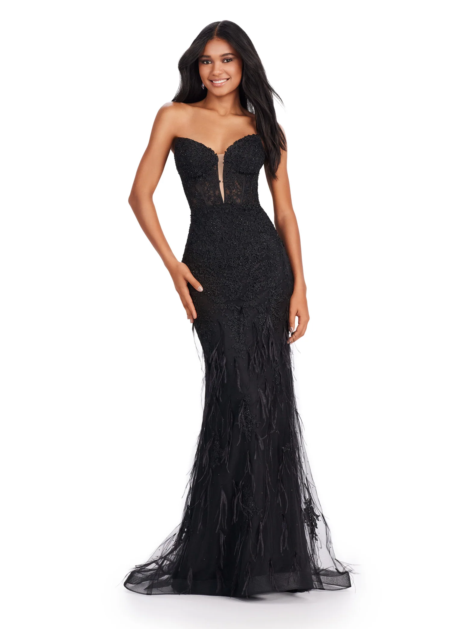 Ashley Lauren 11483 Strapless Prom Dress Lace Corset Feathers - Image 8