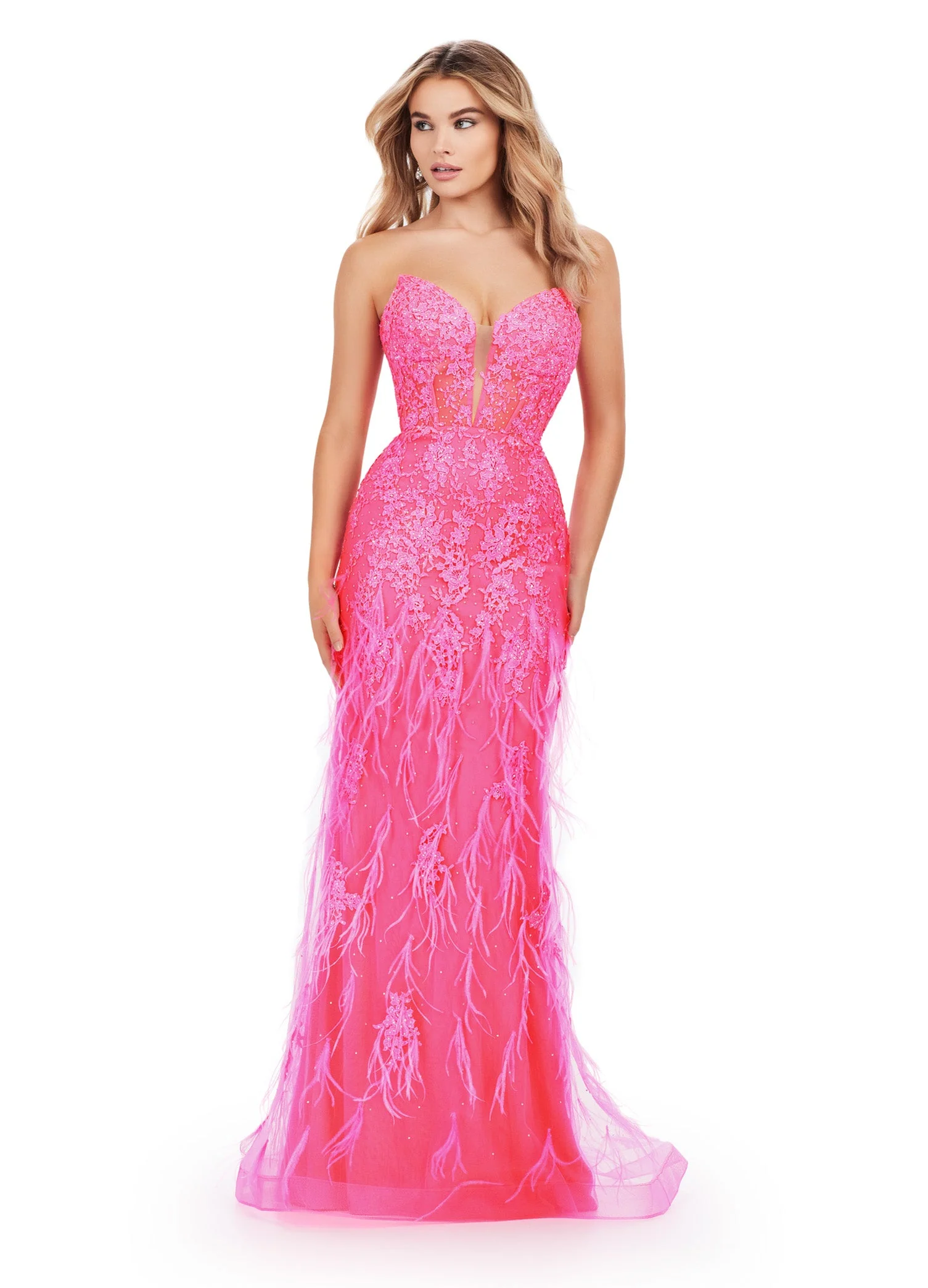 Ashley Lauren 11483 Hot Pink size 2 Prom Dress Corset Strapless Lace Gown Feather Details Formal Pageant Gown