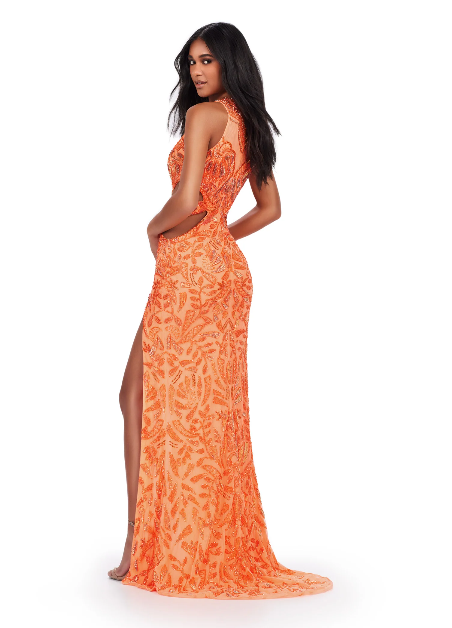 Ashley Lauren 11501 Long Prom Dress Fitted High Neck Cut Outs Intricate Bead Pattern Formal Pageant Gown - Image 6