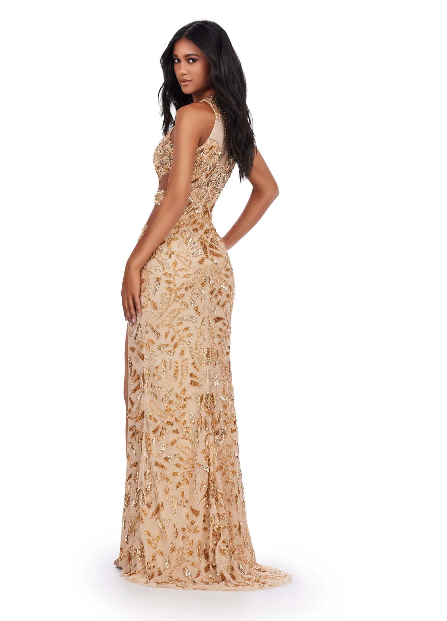 Ashley Lauren 11501 Long Prom Dress Fitted High Neck Cut Outs Intricate Bead Pattern Formal Pageant Gown - Image 7