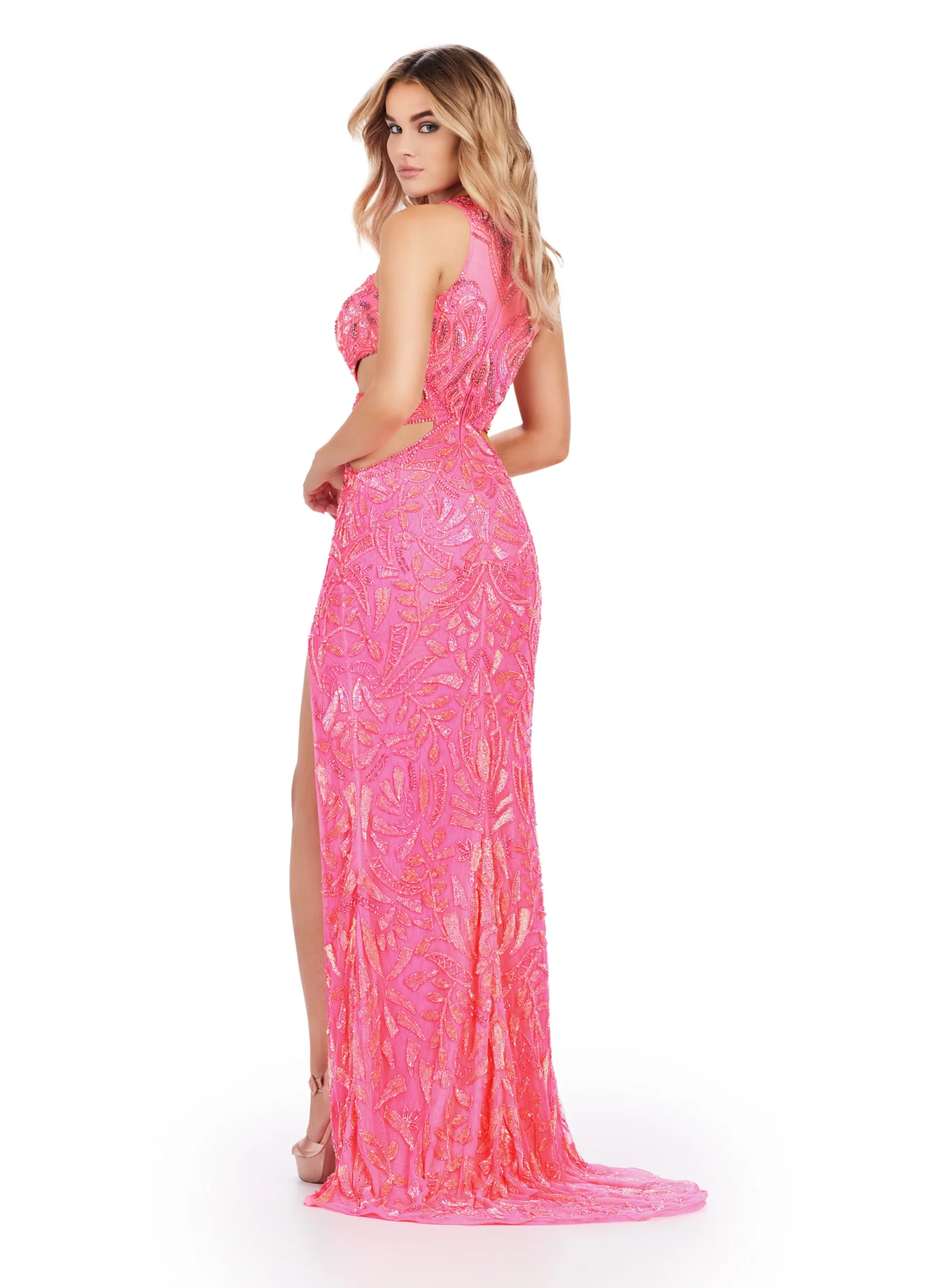 Ashley Lauren 11501 Long Prom Dress Fitted High Neck Cut Outs Intricate Bead Pattern Formal Pageant Gown - Image 8