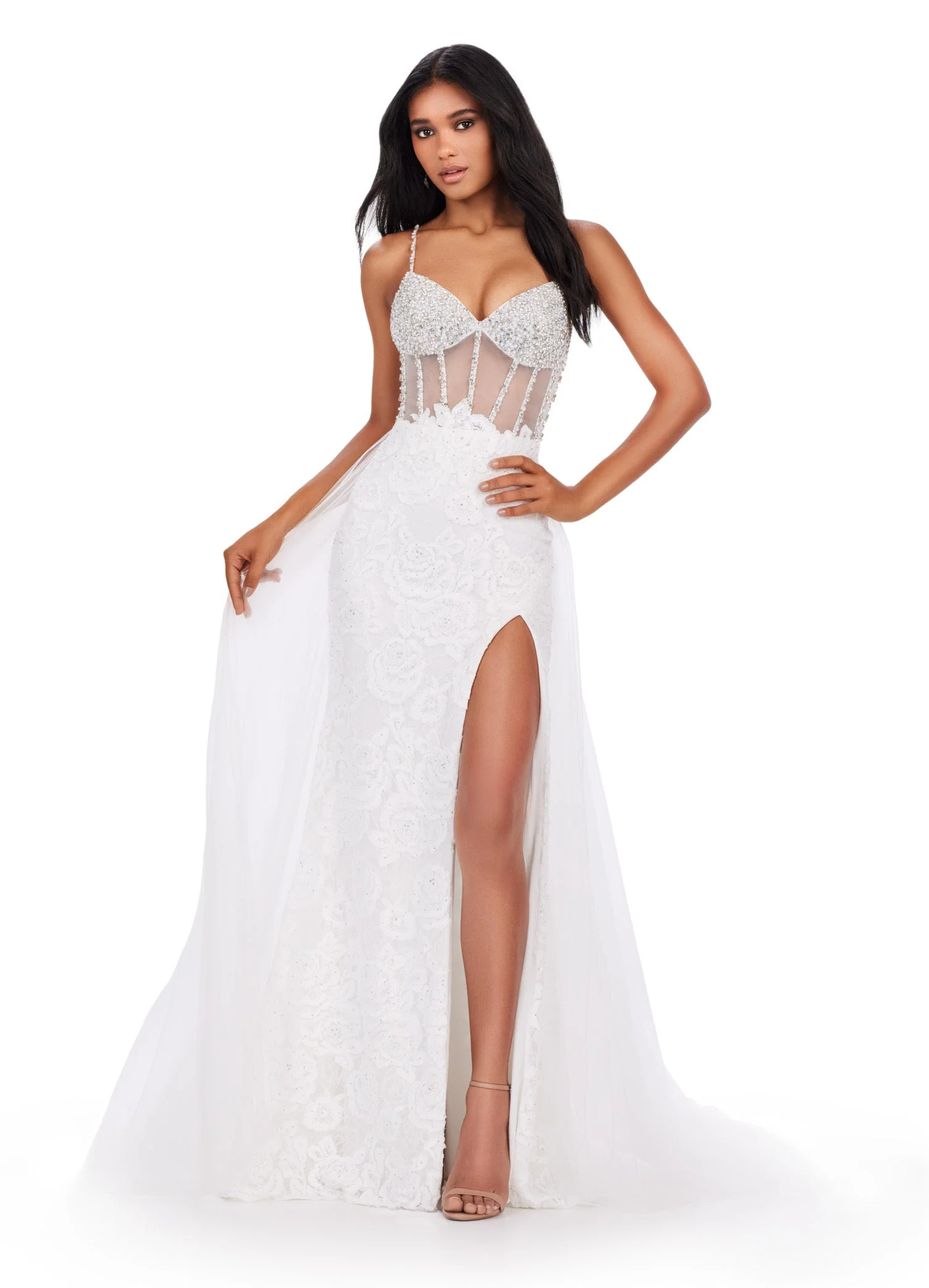 Ashley Lauren 11517 Size 8 Ivory Sheer Crystal Corset Lace Dress Overskirt slit Prom Pageant Gown