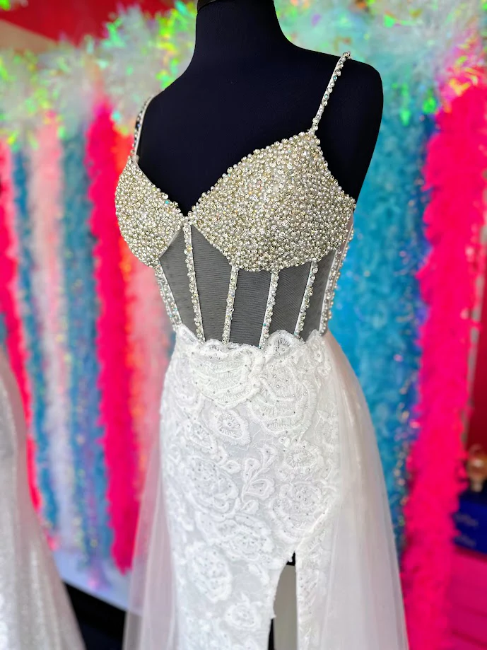 Ashley Lauren 11517 Size 8 Ivory Sheer Crystal Corset Lace Dress Overskirt slit Prom Pageant Gown - Image 2