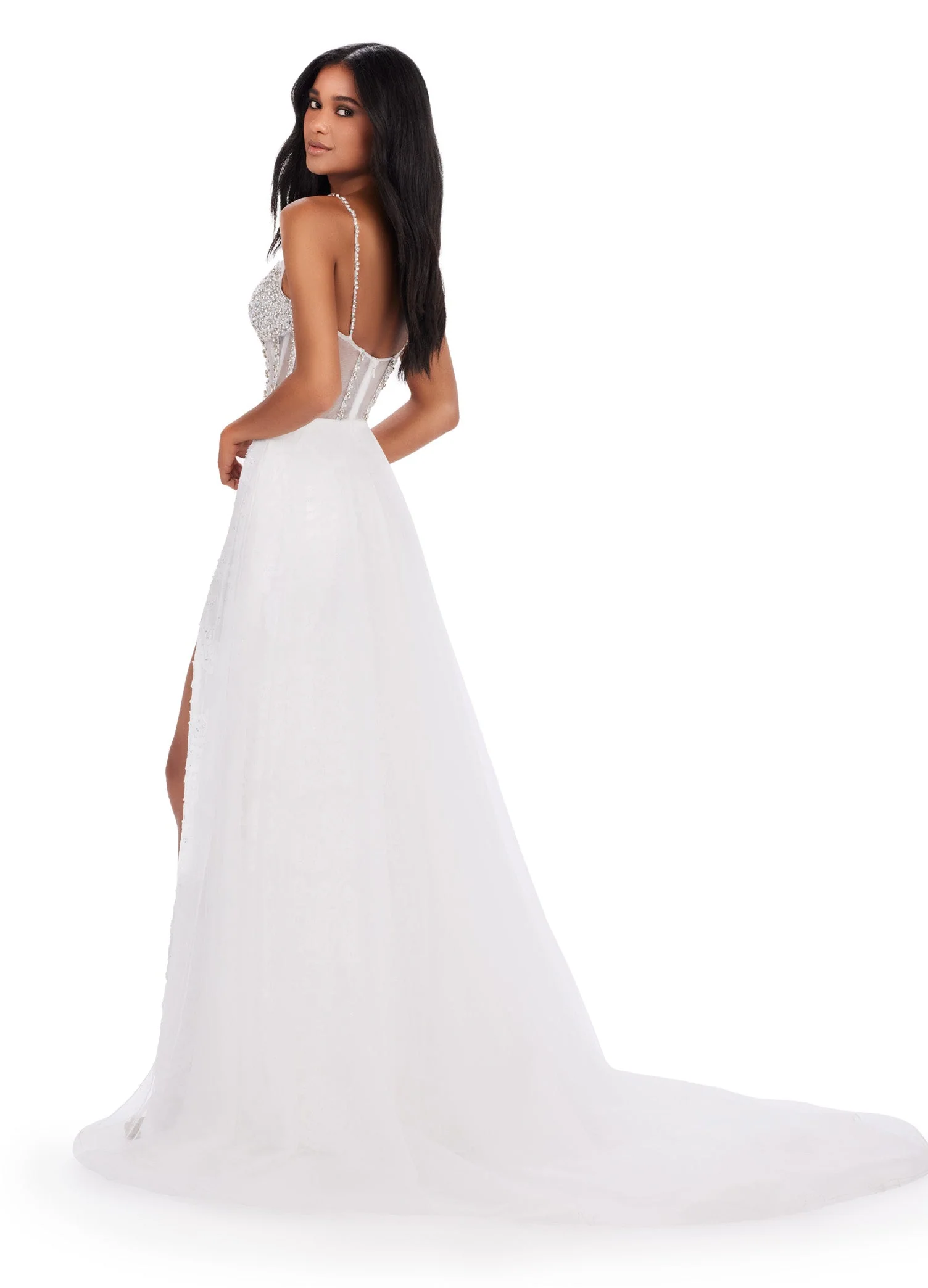 Ashley Lauren 11517 Size 8 Ivory Sheer Crystal Corset Lace Dress Overskirt slit Prom Pageant Gown - Image 3