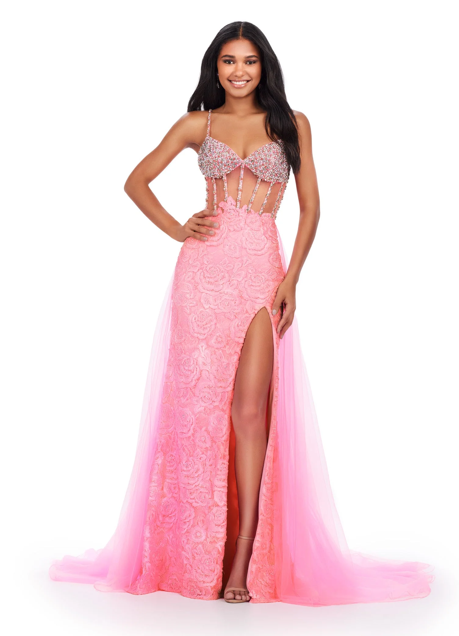Ashley Lauren 11517 Size 8 Ivory Sheer Crystal Corset Lace Dress Overskirt slit Prom Pageant Gown - Image 4