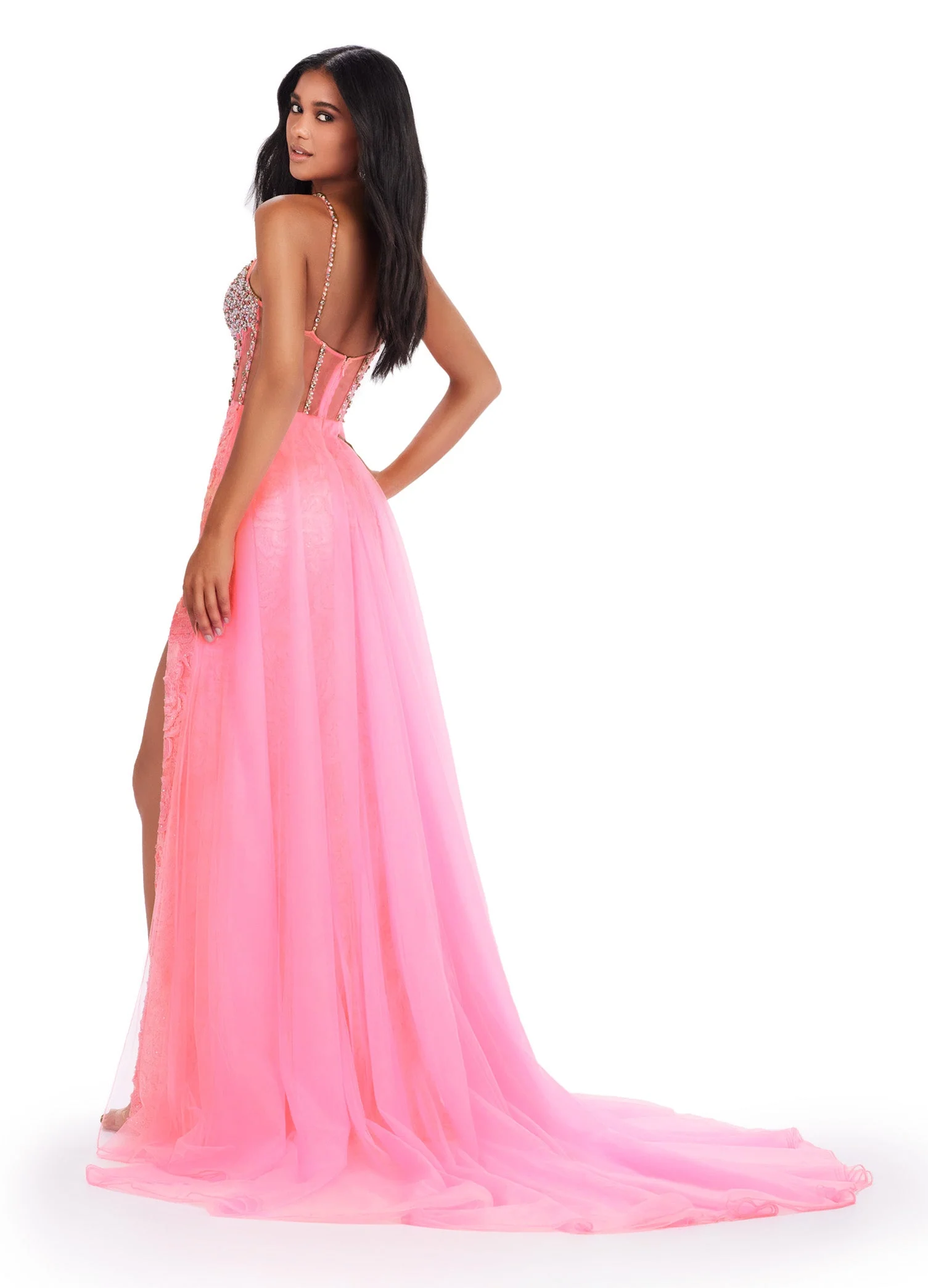 Ashley Lauren 11517 Size 8 Ivory Sheer Crystal Corset Lace Dress Overskirt slit Prom Pageant Gown - Image 5