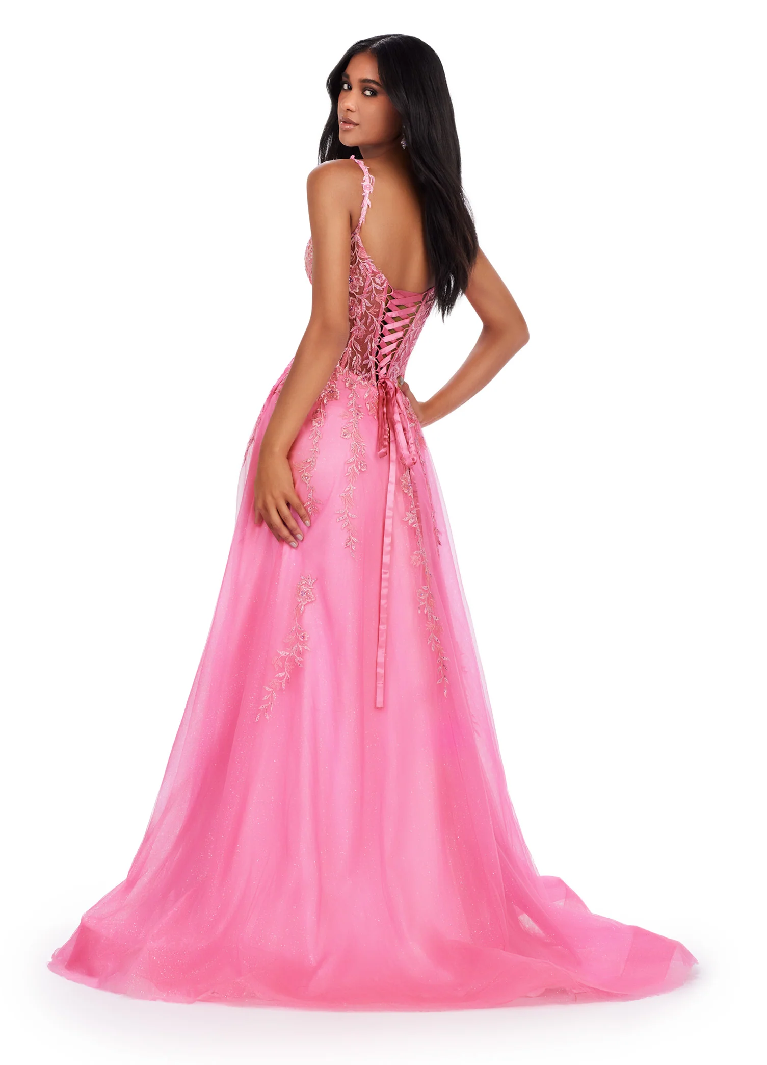 Ashley Lauren 11526 Long Prom Dress Corset Spaghetti Strap Gown V-Neckline Glitter Tulle Skirt Formal Pageant - Image 2