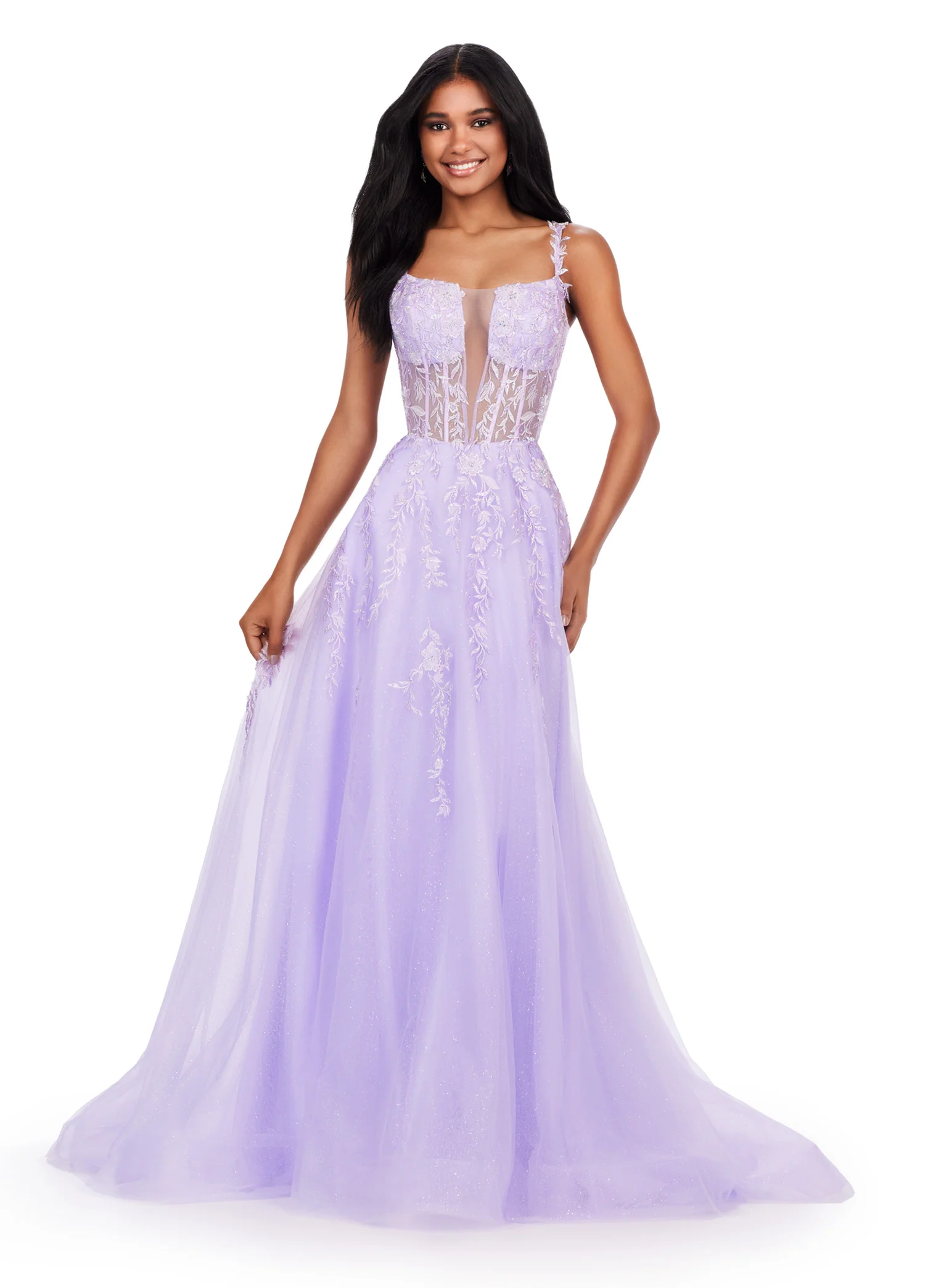 Ashley Lauren 11526 Long Prom Dress Corset Spaghetti Strap Gown V-Neckline Glitter Tulle Skirt Formal Pageant - Image 3