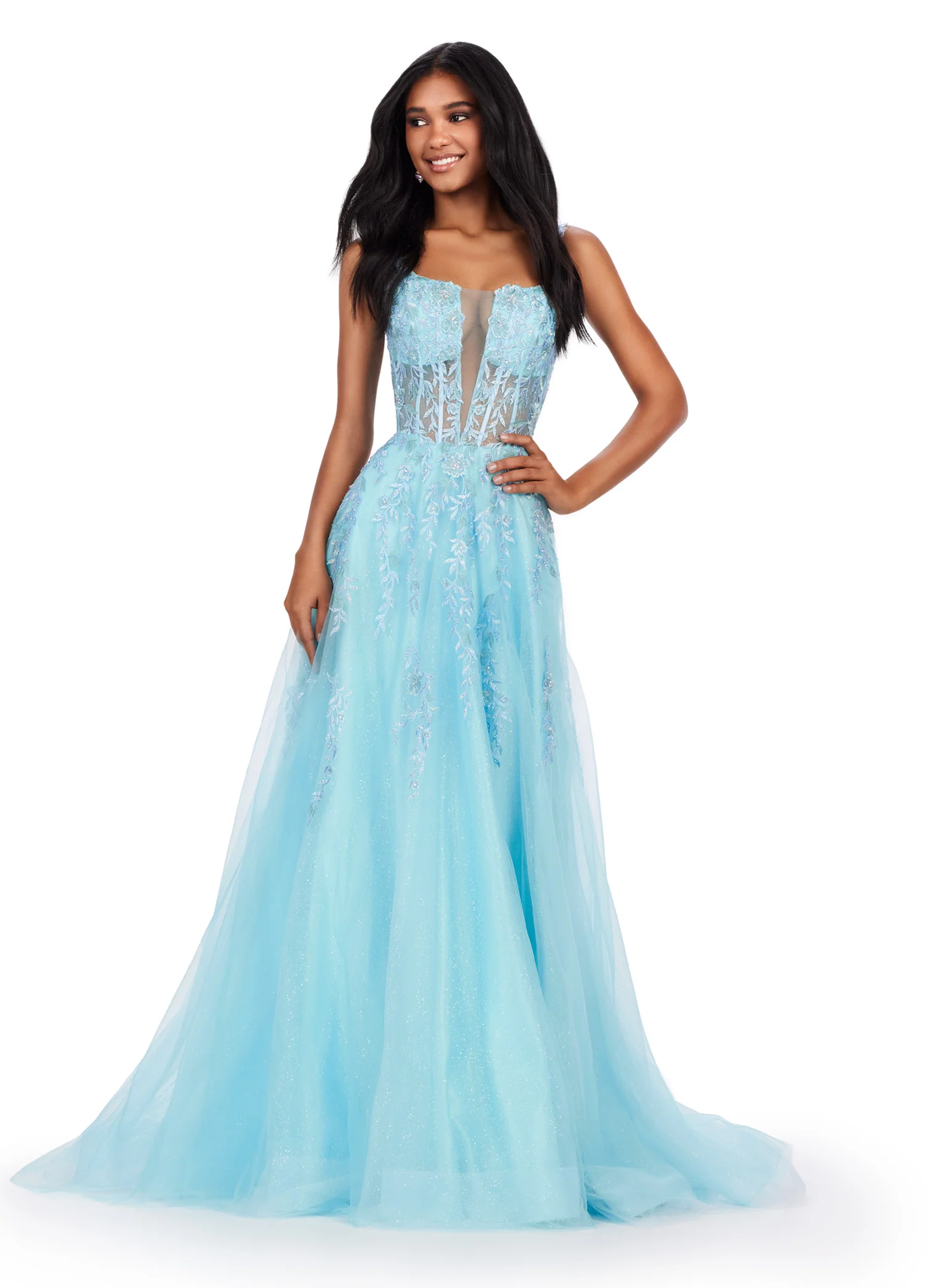 Ashley Lauren 11526 Long Prom Dress Corset Spaghetti Strap Gown V-Neckline Glitter Tulle Skirt Formal Pageant - Image 4