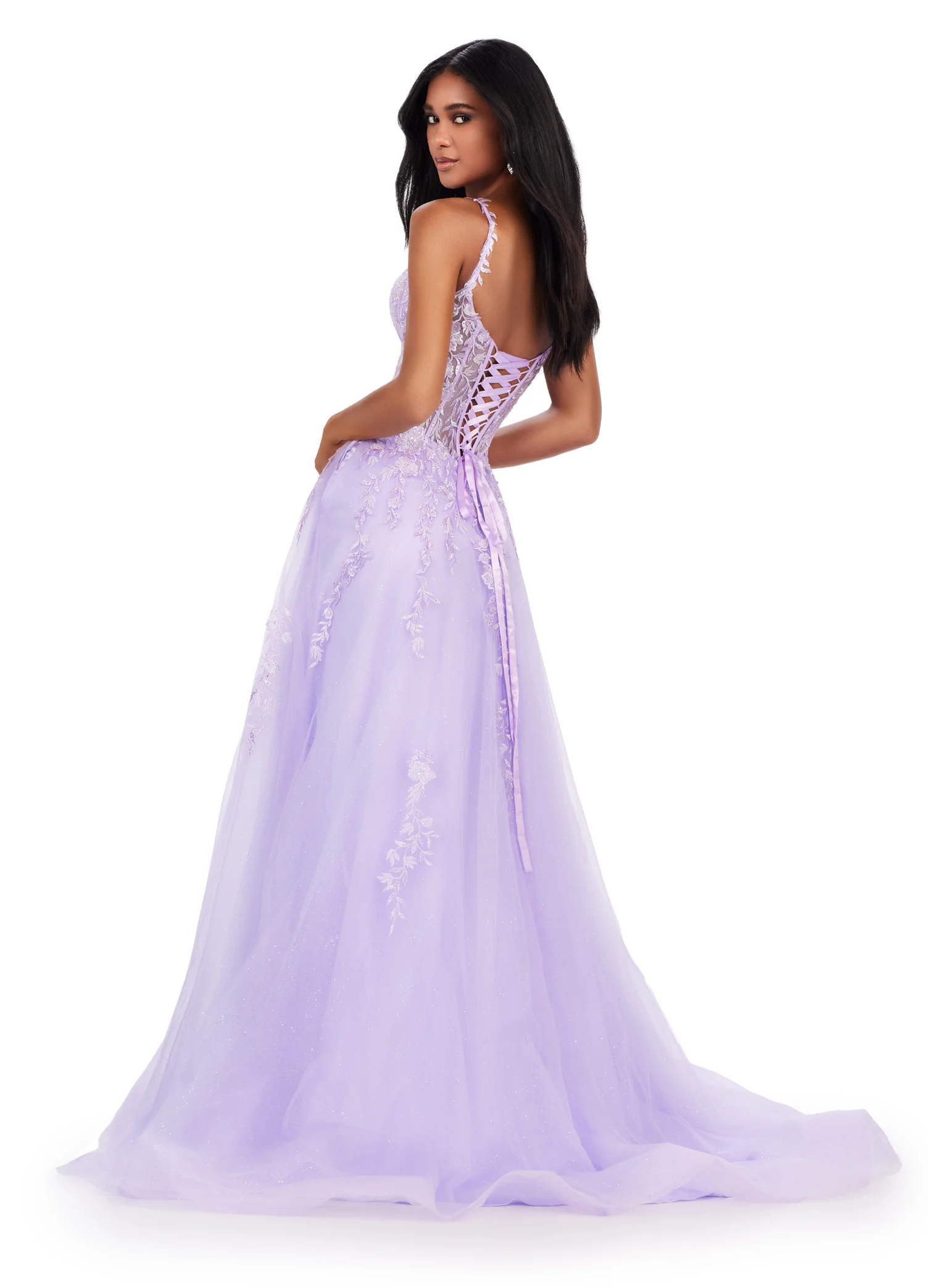 Ashley Lauren 11526 Long Prom Dress Corset Spaghetti Strap Gown V-Neckline Glitter Tulle Skirt Formal Pageant - Image 5