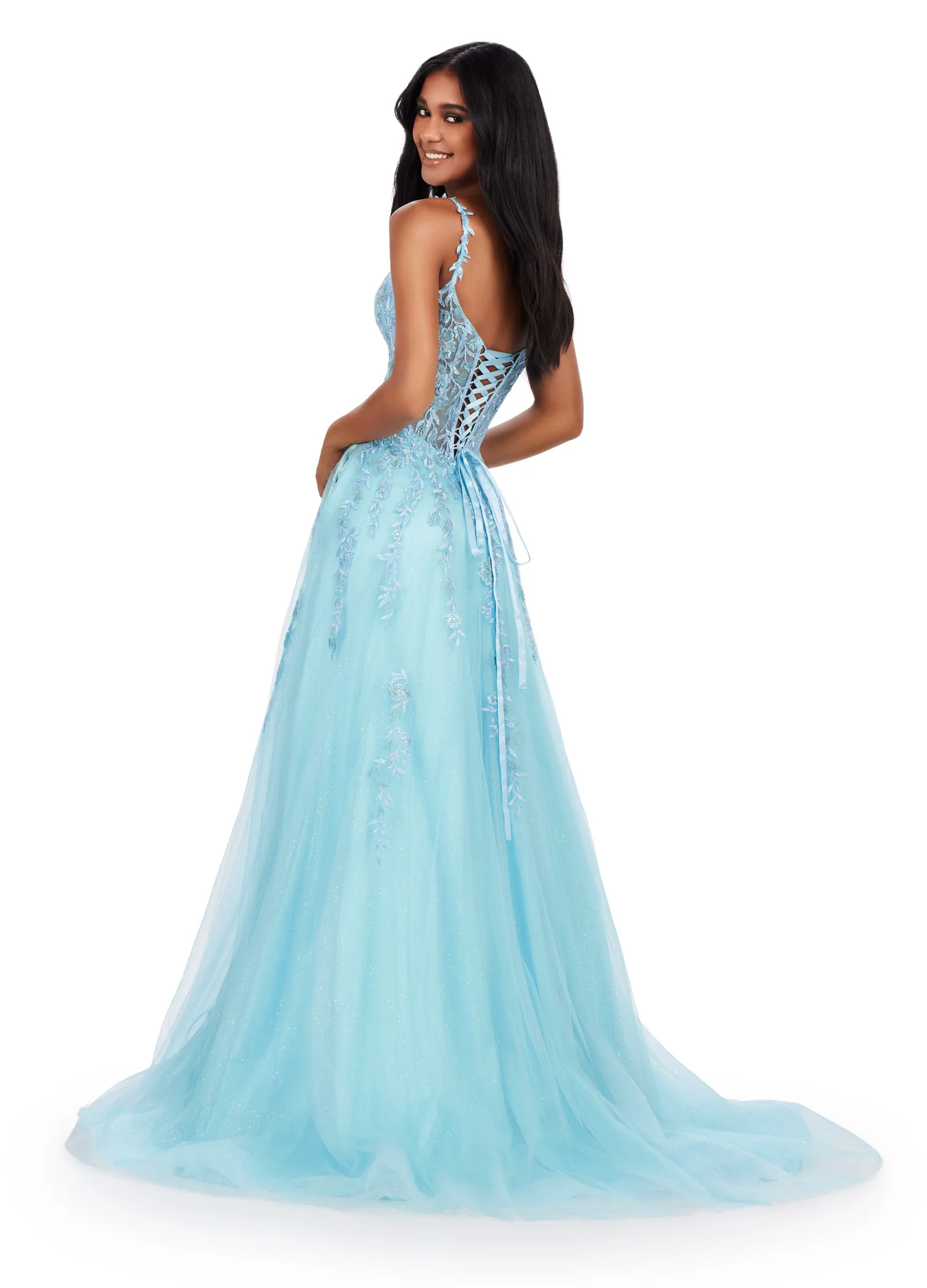 Ashley Lauren 11526 Long Prom Dress Corset Spaghetti Strap Gown V-Neckline Glitter Tulle Skirt Formal Pageant - Image 6