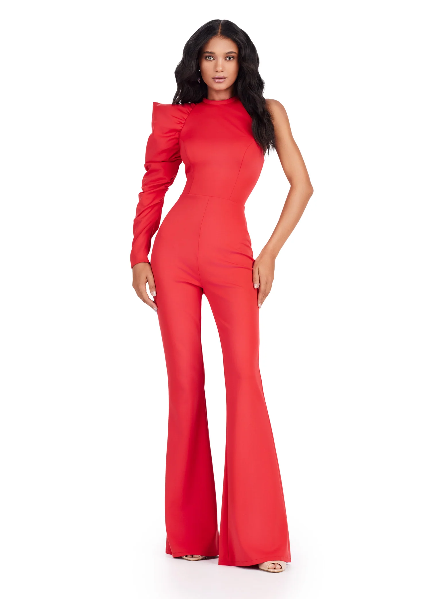 Ashley Lauren 11531 Prom One Shoulder Scuba Jumpsuit Puff Sleeve Formal - Image 2