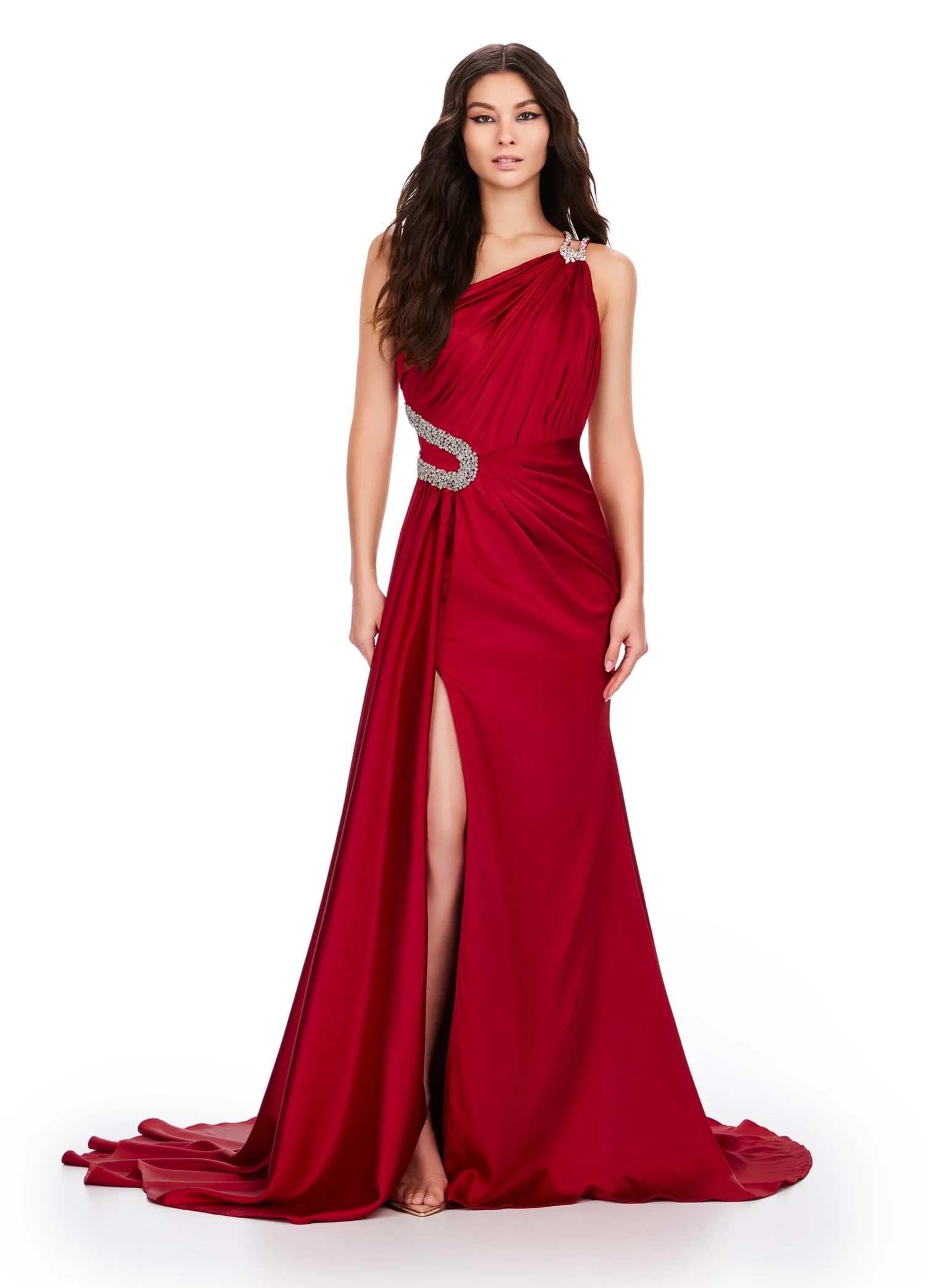 Ashley Lauren 11537 Long Prom Dress One Shoulder Draped Satin Gown Beading Formal Pageant