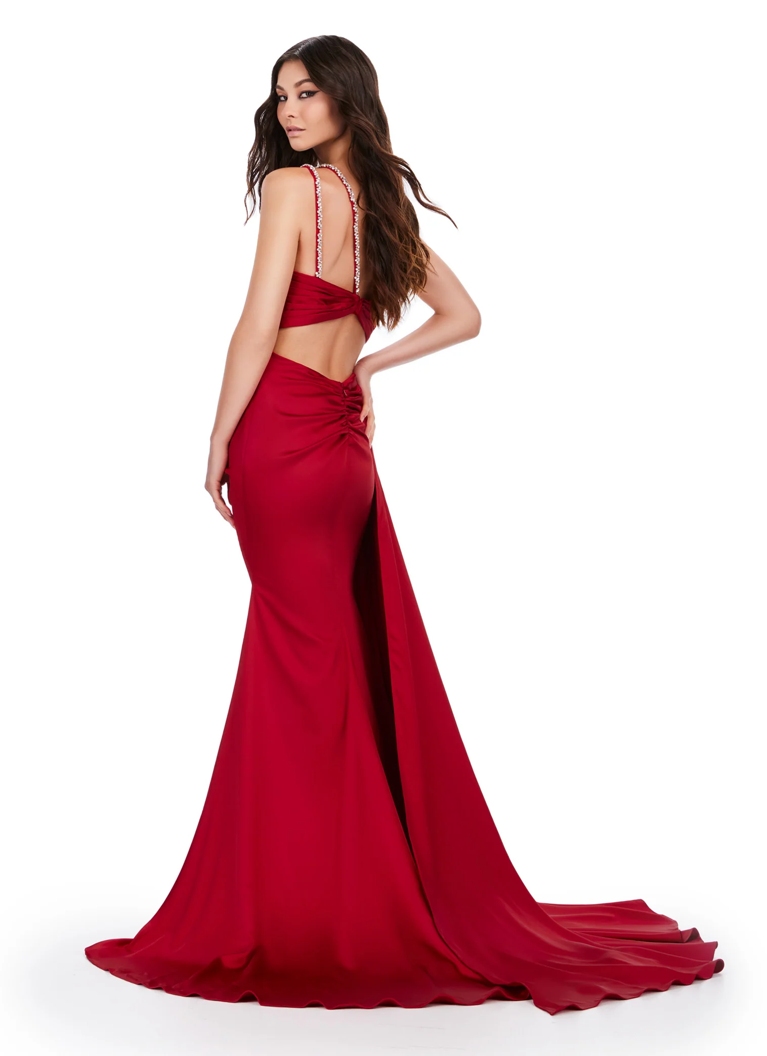 Ashley Lauren 11537 Long Prom Dress One Shoulder Draped Satin Gown Beading Formal Pageant - Image 12