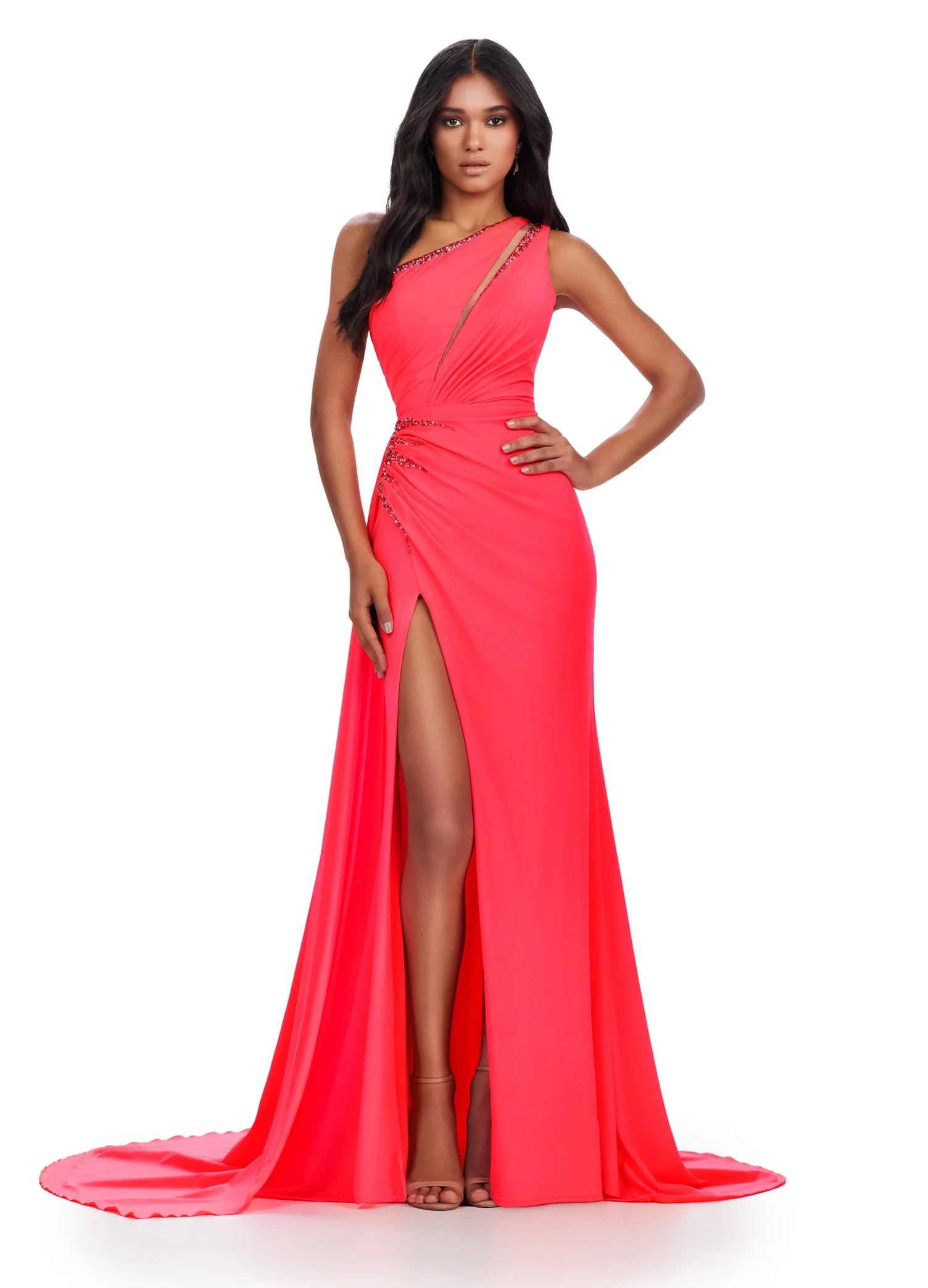 Ashley Lauren 11539 Long Jersey One Shoulder Dress Overskirt Backless Corset Slit Prom Cut out