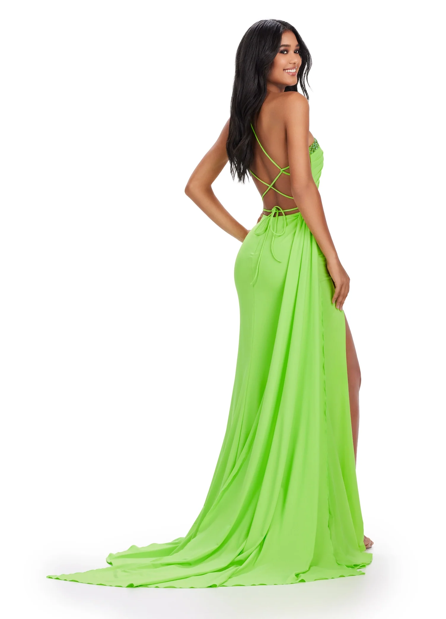 Ashley Lauren 11539 Long Jersey One Shoulder Dress Overskirt Backless Corset Slit Prom Cut out - Image 6