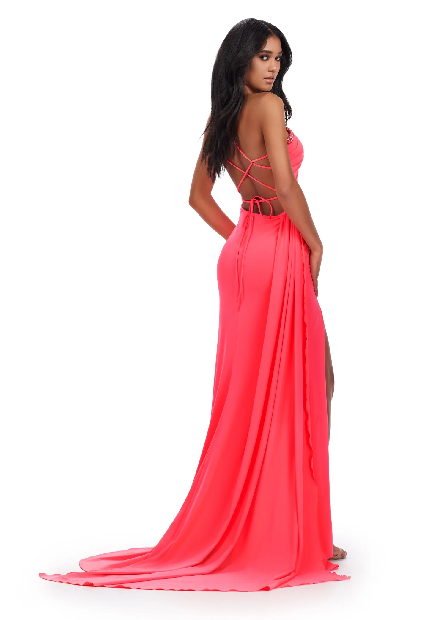 Ashley Lauren 11539 Long Jersey One Shoulder Dress Overskirt Backless Corset Slit Prom Cut out - Image 7