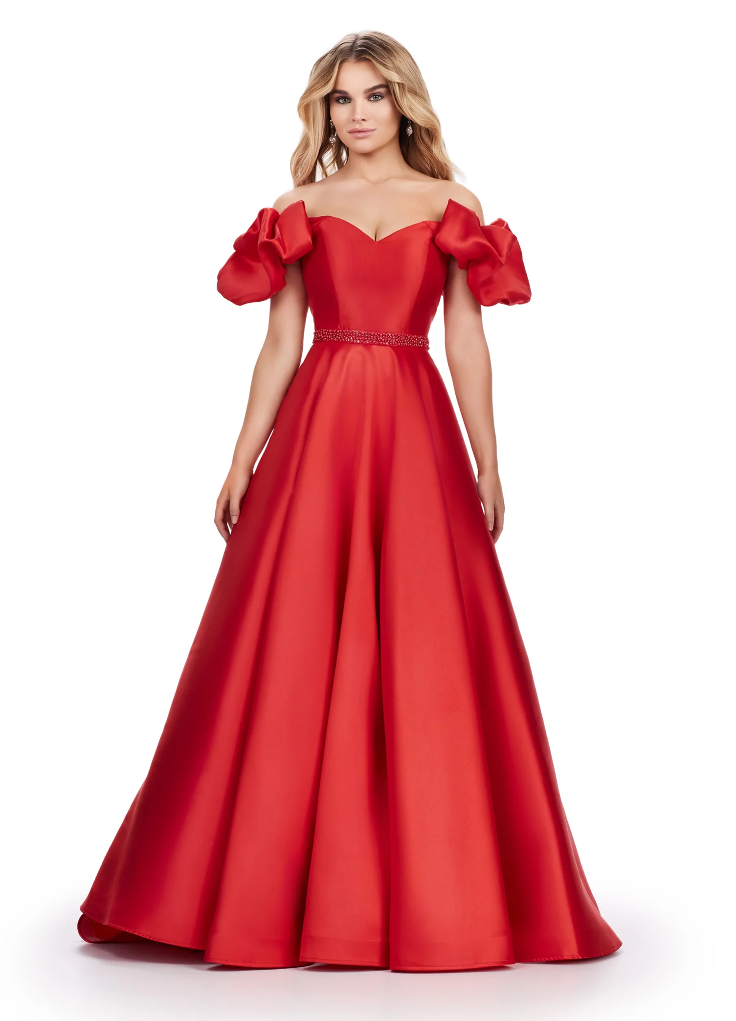 Ashley Lauren 11542 Long Prom Dress Off Shoulder Mikado Ball Gown Puff Sleeves Formal Pageant