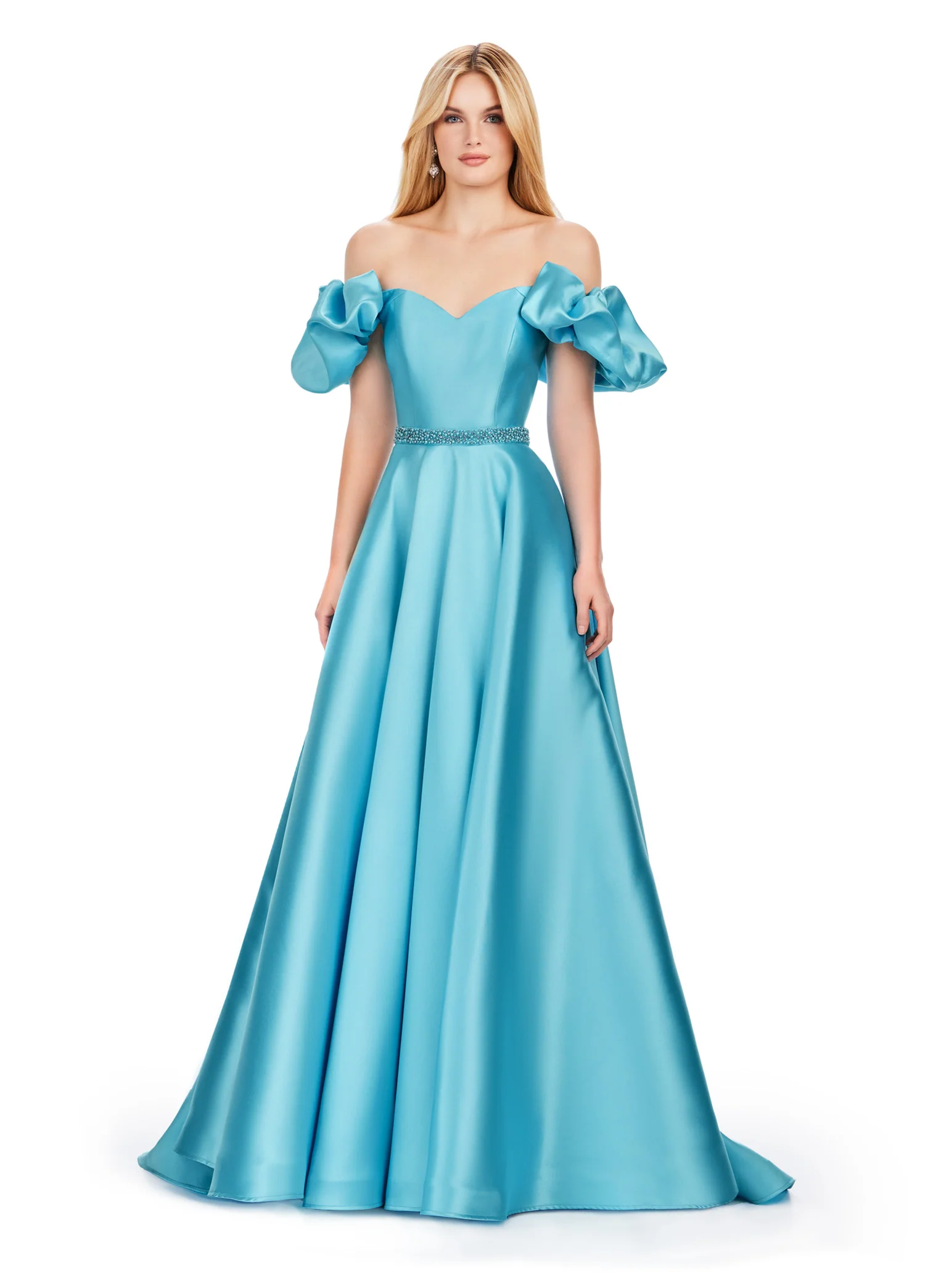 Ashley Lauren 11542 Long Prom Dress Off Shoulder Mikado Ball Gown Puff Sleeves Formal Pageant - Image 2