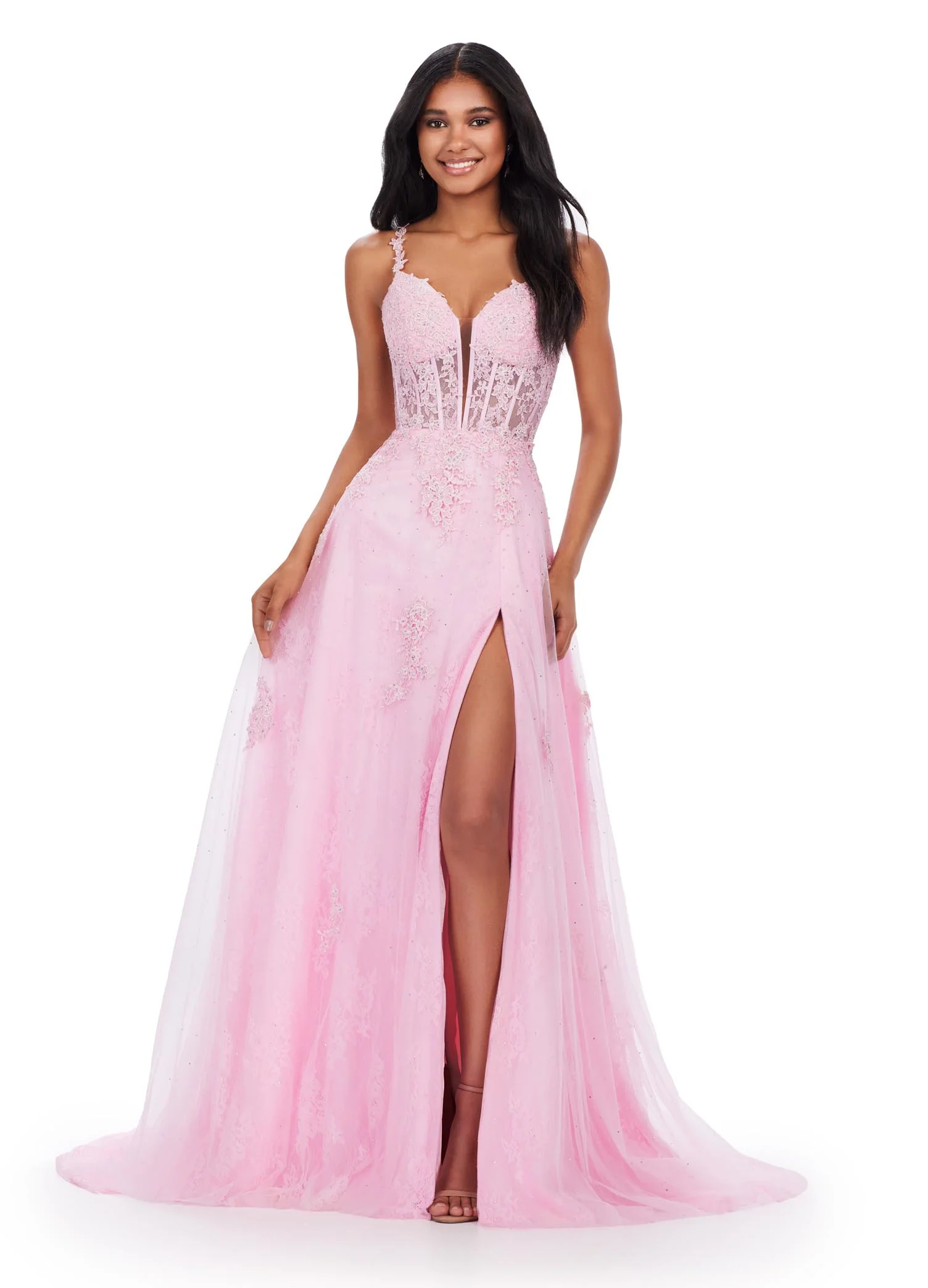 Ashley Lauren 11558 Lace Sheer Corset Prom Dress Maxi Slit A Line Formal Gown Pageant Train - Image 3