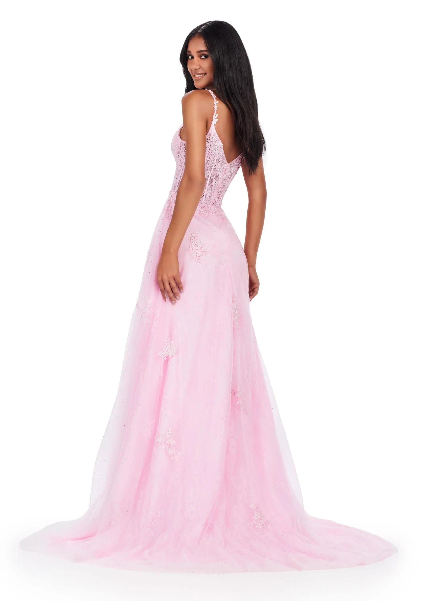 Ashley Lauren 11558 Lace Sheer Corset Prom Dress Maxi Slit A Line Formal Gown Pageant Train - Image 5