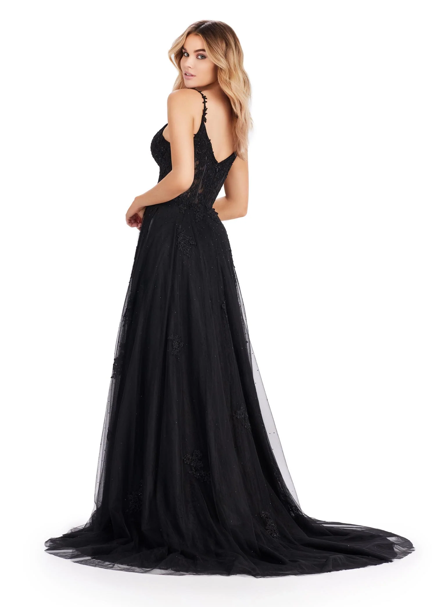 Ashley Lauren 11558 Lace Sheer Corset Prom Dress Maxi Slit A Line Formal Gown Pageant Train - Image 6