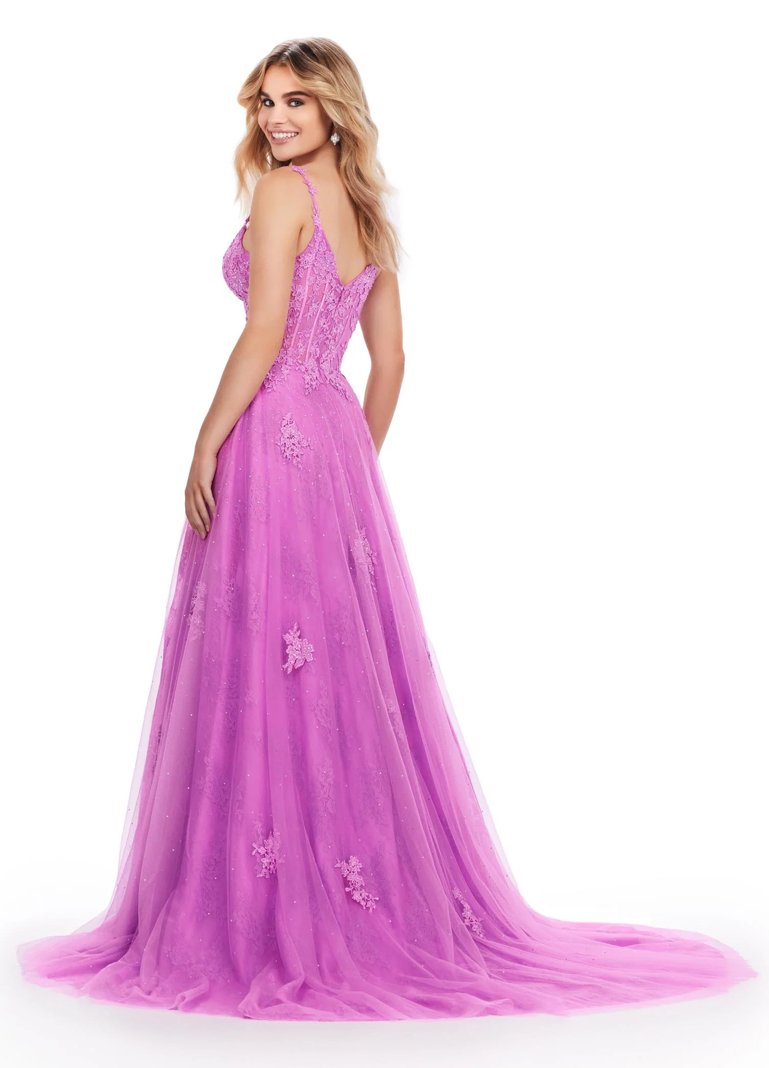 Ashley Lauren 11558 Lace Sheer Corset Prom Dress Maxi Slit A Line Formal Gown Pageant Train - Image 7