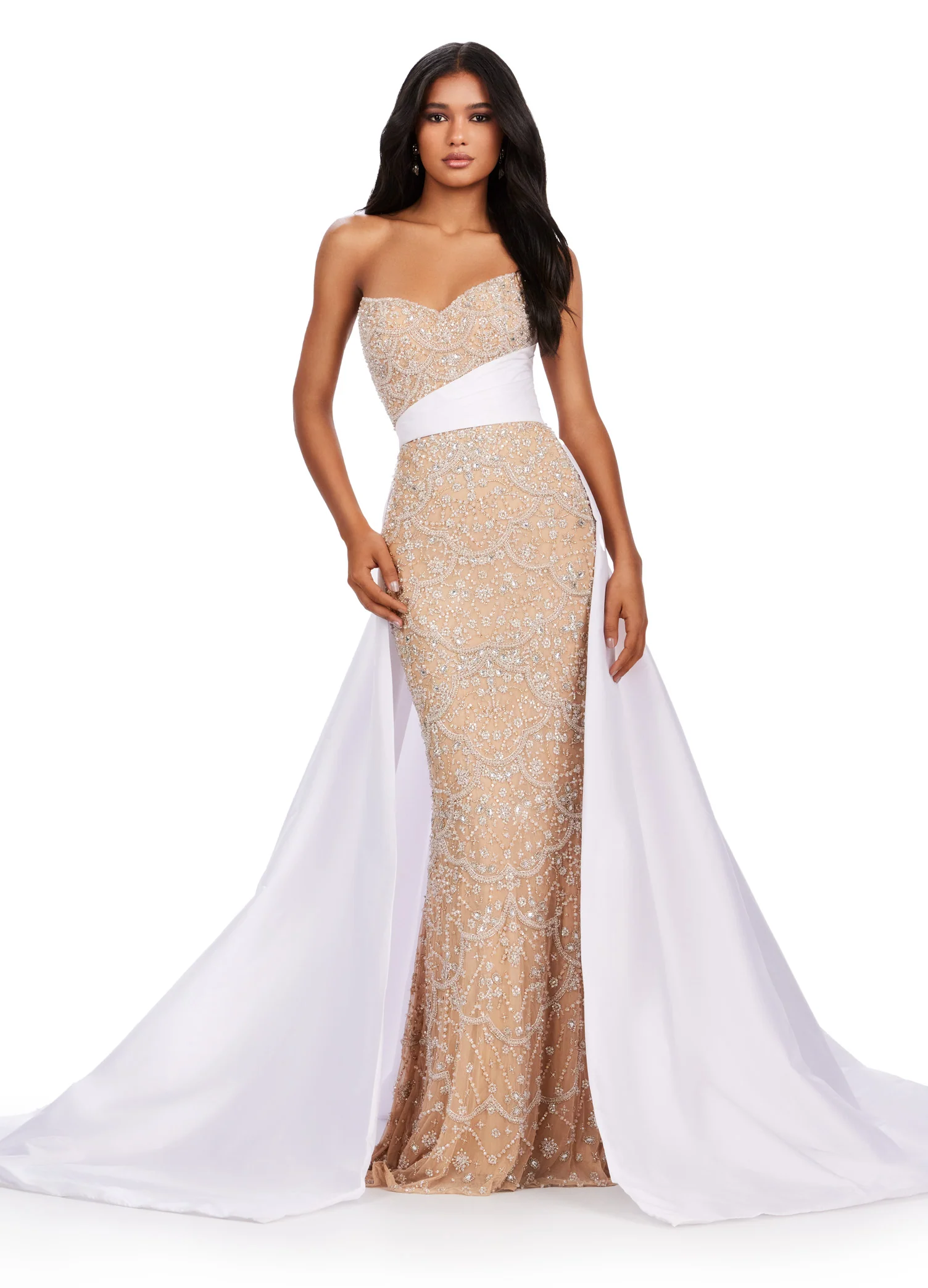 Ashley Lauren 11571 Long Prom Dress Fully Beaded Gown Taffeta Belt  Overskirt Formal Pageant Gown - Image 2