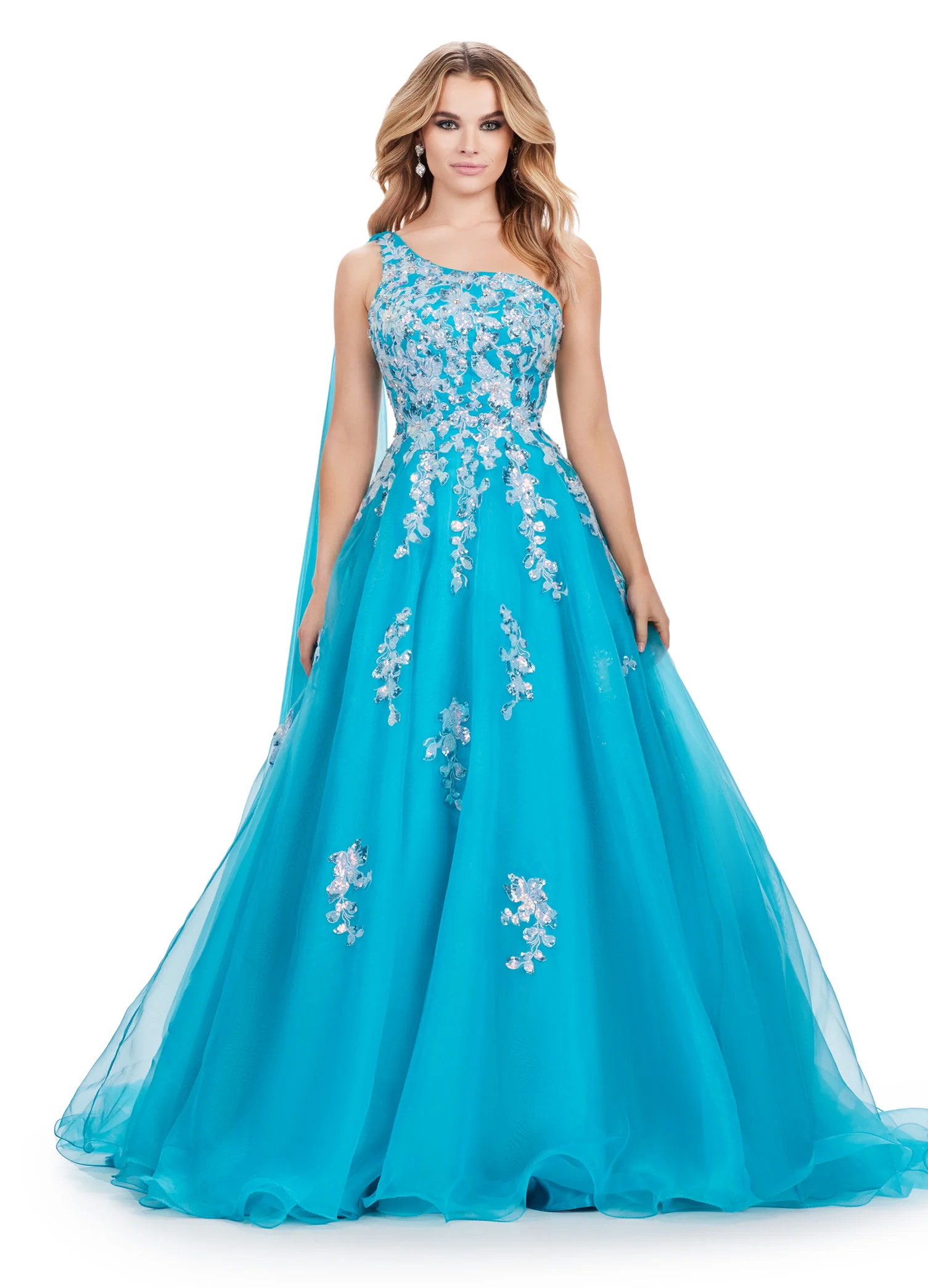 Ashley Lauren 11573 Long Prom Dress One Shoulder Organza Gown Sequin Applique Formal Pageant - Image 4
