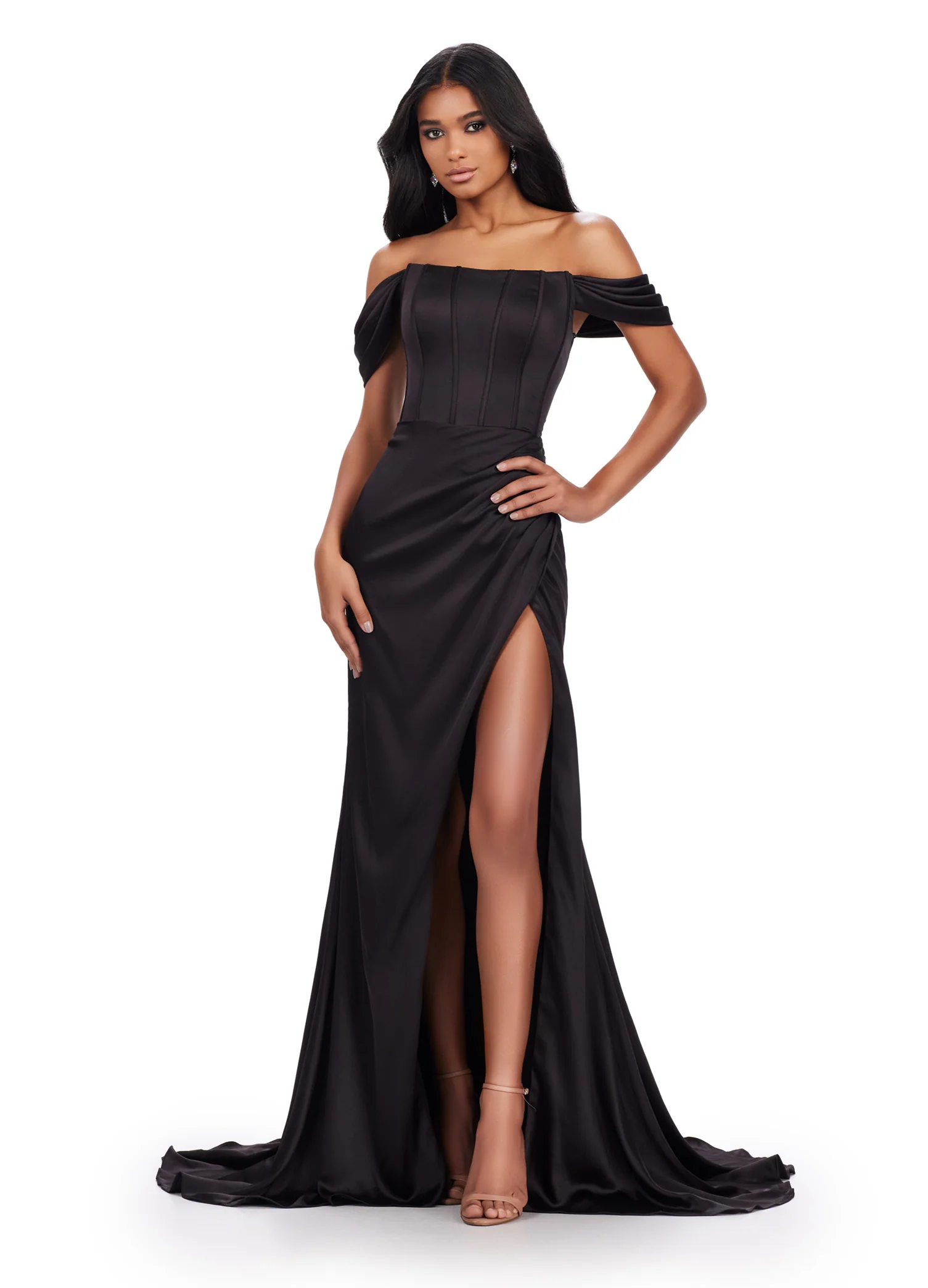 Ashley Lauren 11575 Long Prom Dress Corset Off Shoulder Satin Slit Ruched Hip Formal Pageant Gown - Image 5