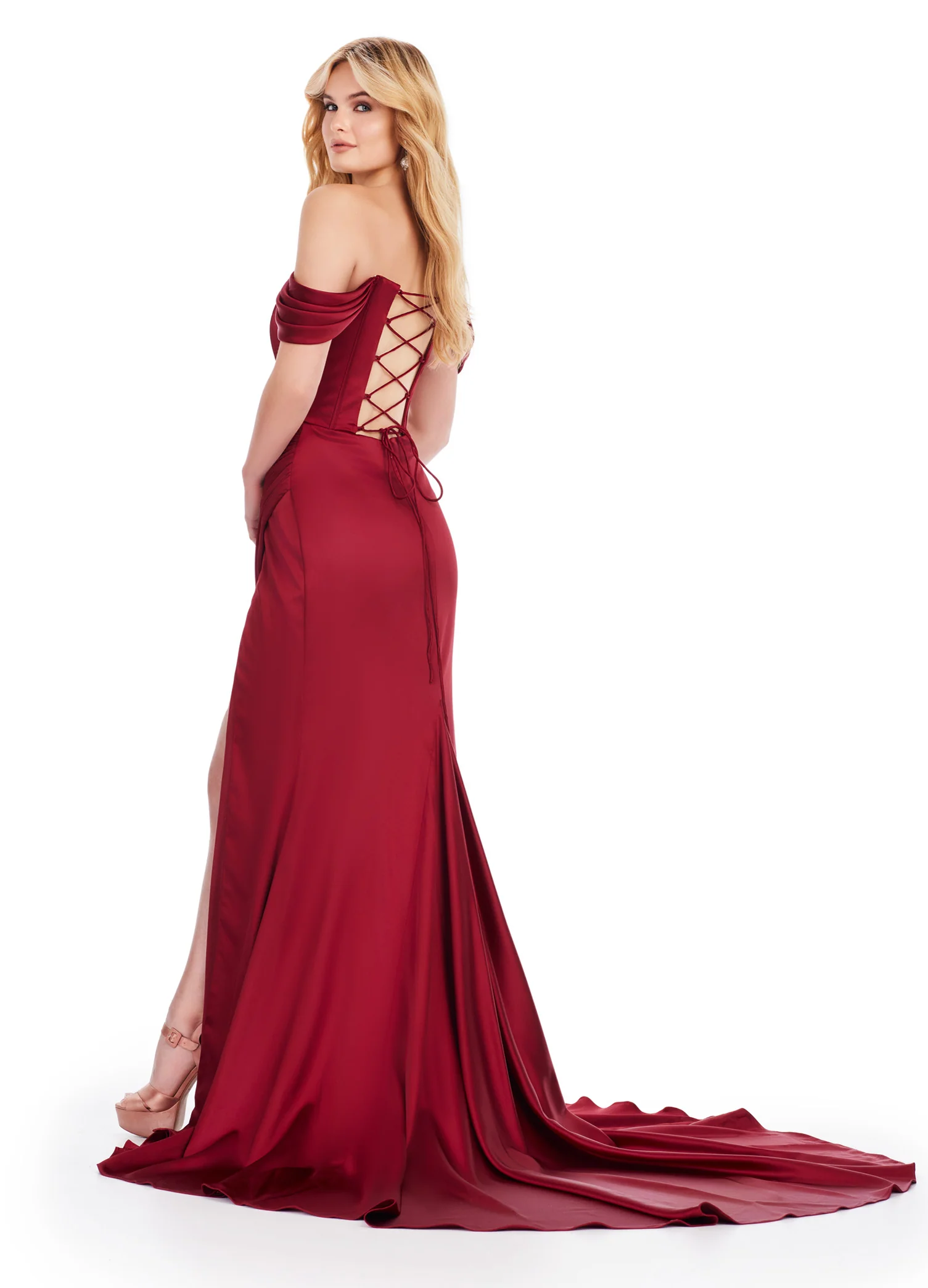 Ashley Lauren 11575 Long Prom Dress Corset Off Shoulder Satin Slit Ruched Hip Formal Pageant Gown - Image 7