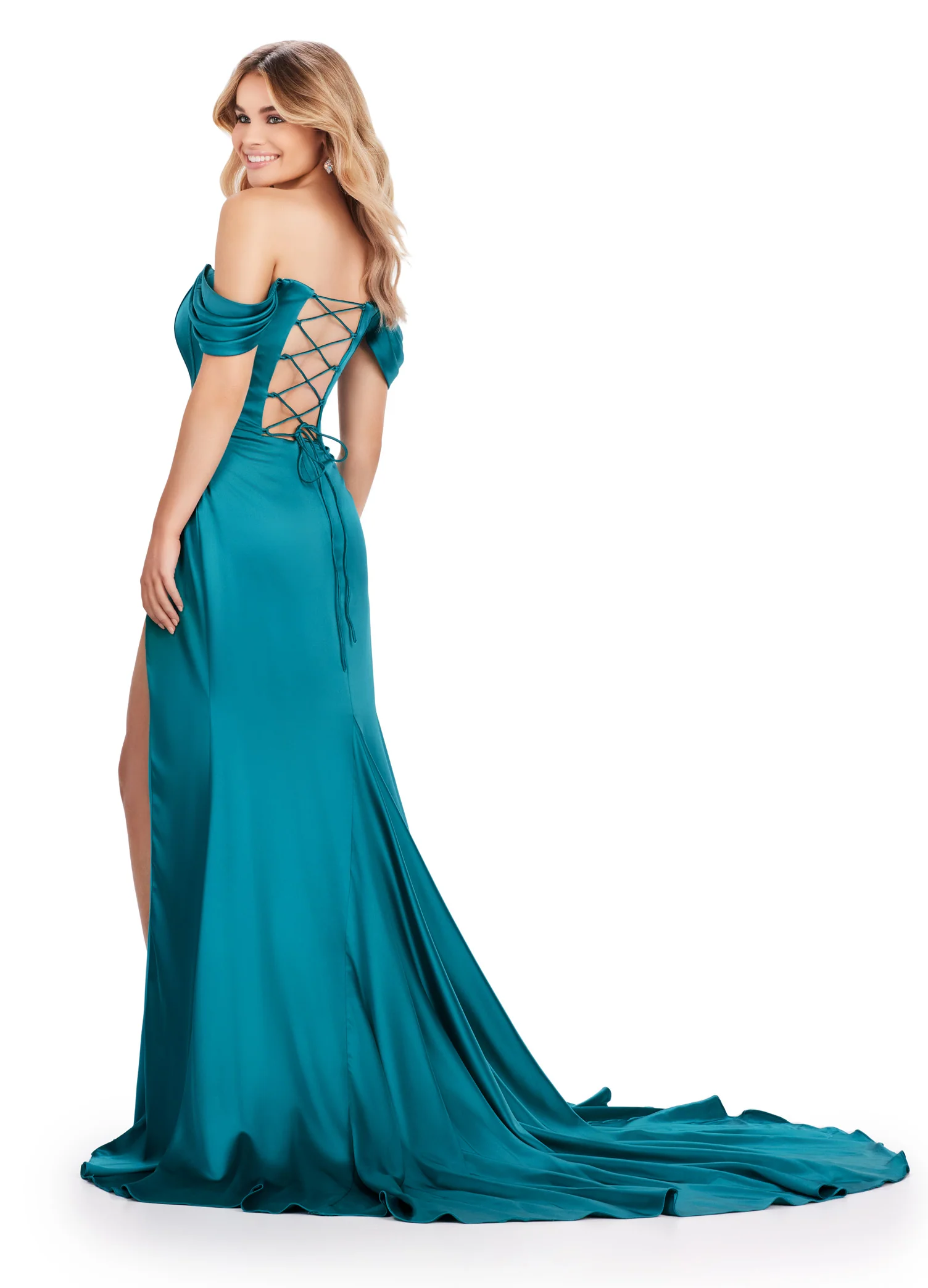 Ashley Lauren 11575 Long Prom Dress Corset Off Shoulder Satin Slit Ruched Hip Formal Pageant Gown - Image 8